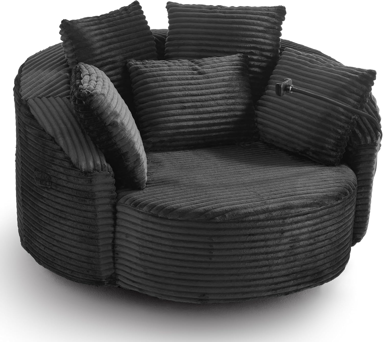 JIVOIT 360° Swivel Accent Chair with 5 Throw Pillows, Adjustable Phone Holder, Corduroy Fabric Round Sofa Chair Barrel Chair with Semi-Wraparound Design for Living Room, Office and Hotel (Black,1)