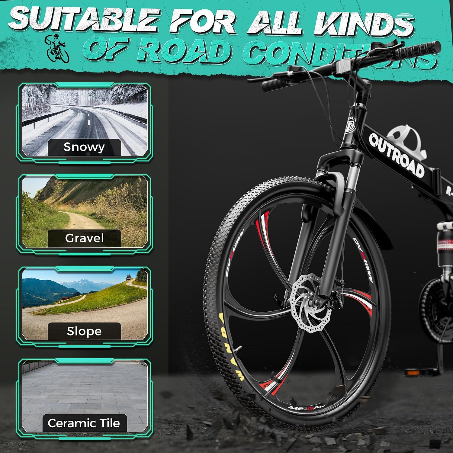 Outroad 26 Inch Folding Mountain Bike, 21 Speed Full Suspension High-Carbon Steel MTB Foldable Bicycle, Dual Disc Brake Adjustable Seat and Non-Slip Folding Bikes for Adults/Women/Men,Black
