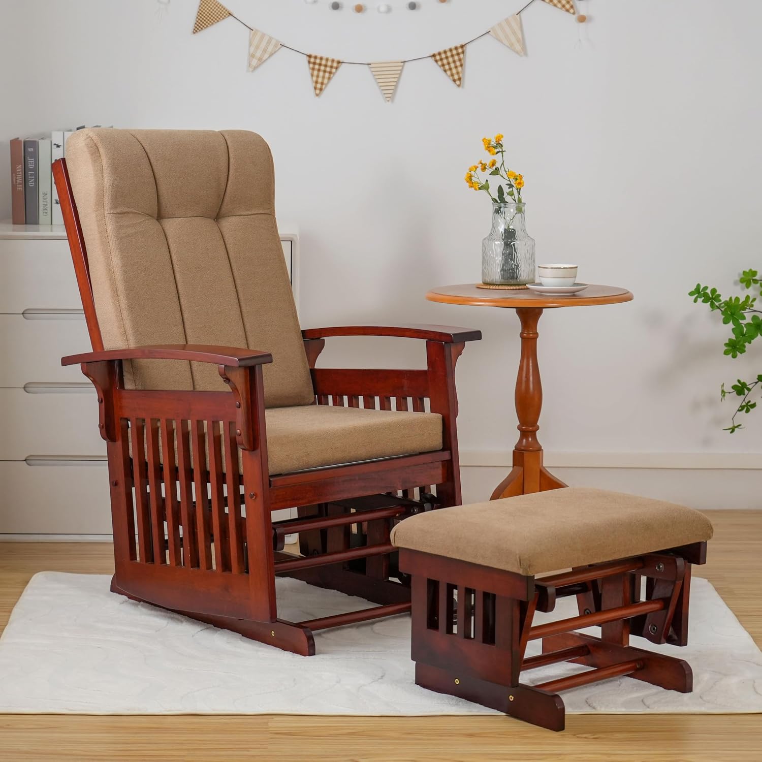 Glider with Ottoman Smooth Glider Rocking Chair, Nursery Glider with Ottoman Smooth Rocking Motion, Solid Hardwood Base, Easy Assembly for Living Room Bedroom (Brown)
