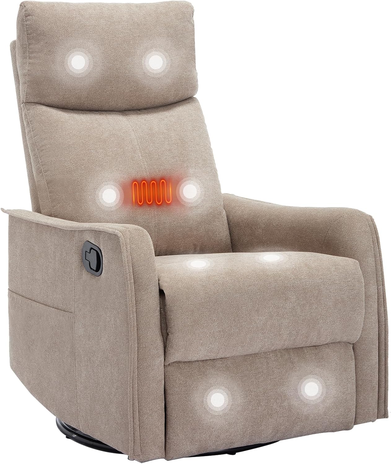 PELUMY 360 Swivel Rocking Recliner Chair for Adults, Nursery Rocking Chair with Heat and Massage, Glider Reclining Chair for Small Space, Living Room, Bedroom (Khaki)