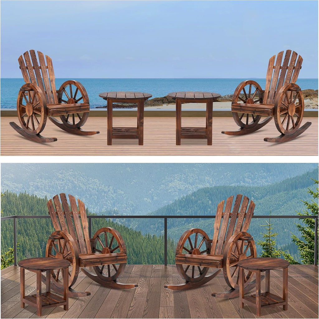 AHB Outdoor Wooden Rocking Chairs Set, Wagon Wheel Armrest Yard Glider Patio Chair with Small Table for Coffee Break, Adirondack Rocking Chair for Summer Lawn Garden Balcony, Brown (4 PCS)