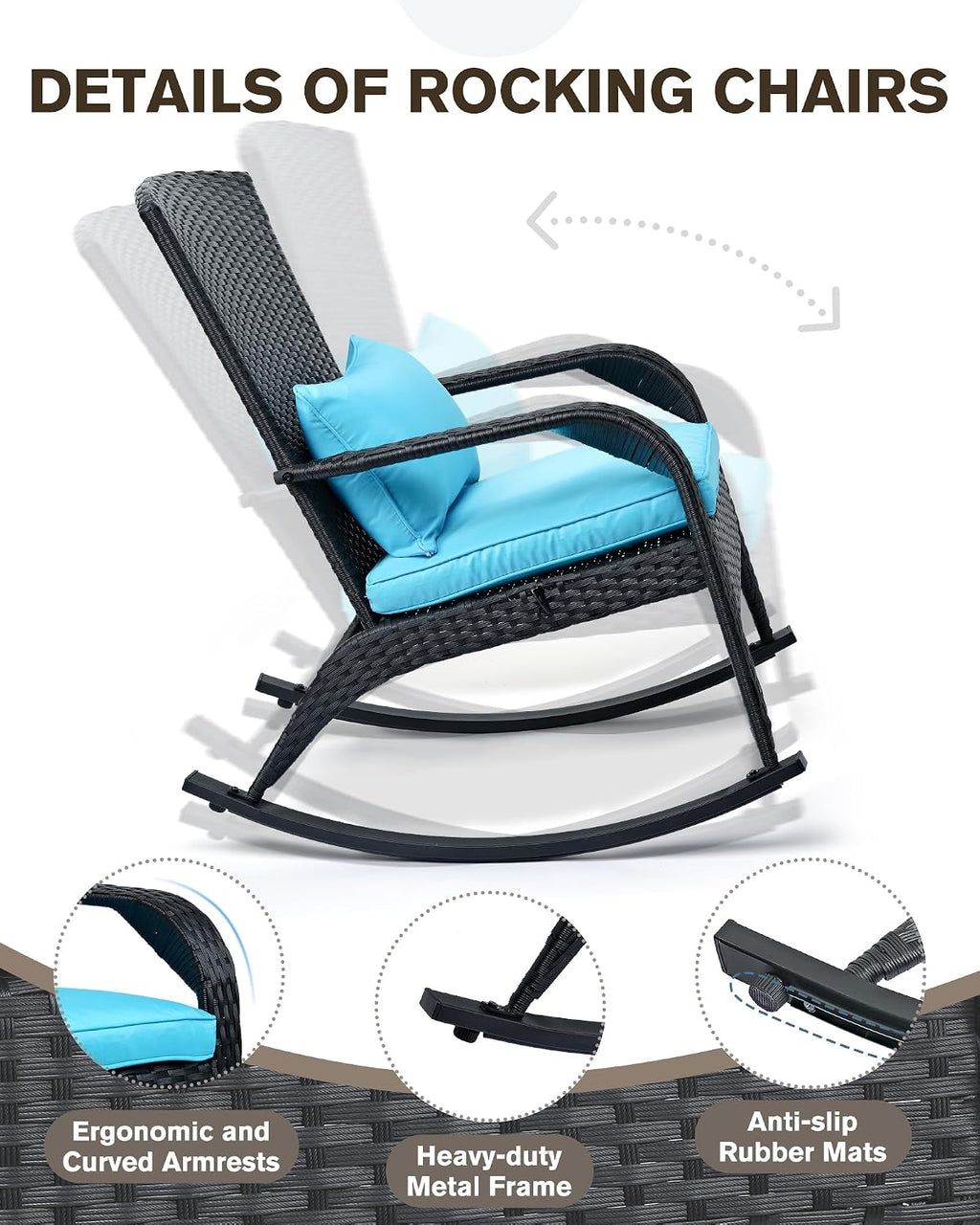 Outdoor Rocking Chairs Set of 2, Patio Rattan Rocker Chairs with Cushions & Steel Frame, All Weather Porch Rocking Chairs for Garden, Backyard, Poolside (Black Rattan & Teal Cushion, 320lbs)