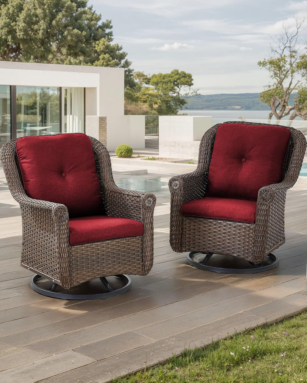 Patio Chairs Outdoor Swivel Glider - Set of 2 High Back Outside Brown Wicker Rattan Rocking Chair with Thick Cushion for Porch Apartment Deck Yard Poolside Garden - Red