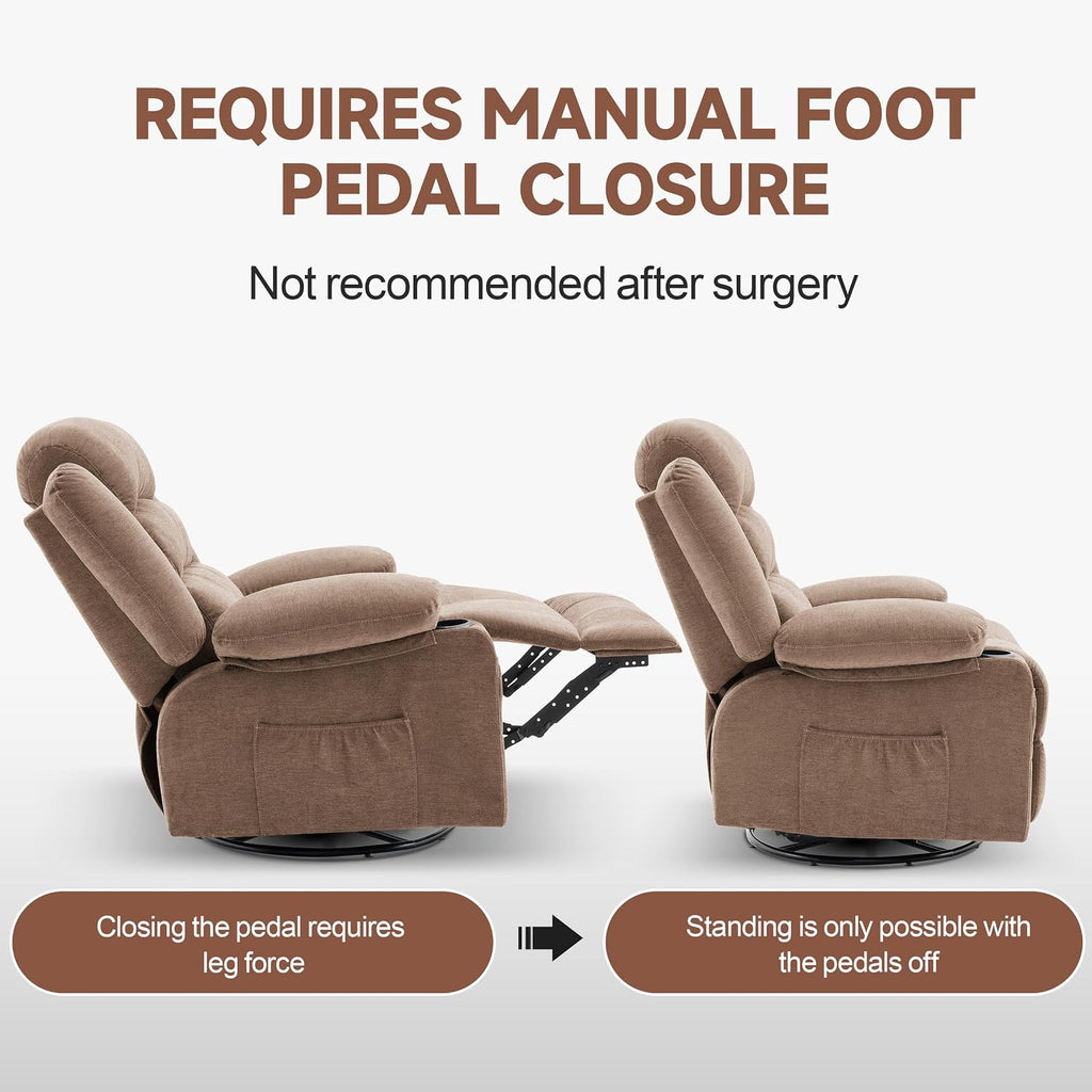 Rocker Recliner Chair with Heat and Massage, 360° Swivel Nursery Rocking Chairs for Adults, Oversized Recliner Single Sofa Seat with Cup Holders, Lazy Boy Recliner Single Sofa (Manual, Brown)