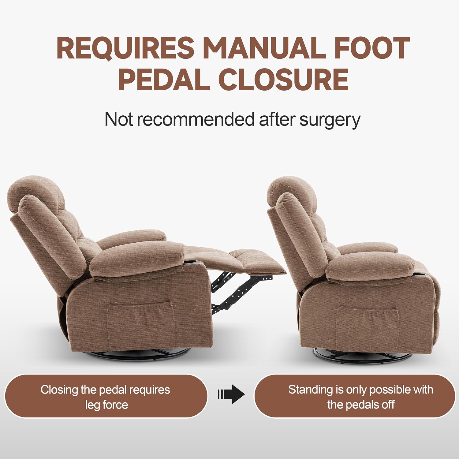 Rocker Recliner Chair with Heat and Massage, 360° Swivel Nursery Rocking Chairs for Adults, Oversized Recliner Single Sofa Seat with Cup Holders, Lazy Boy Recliner Single Sofa (Manual, Brown)