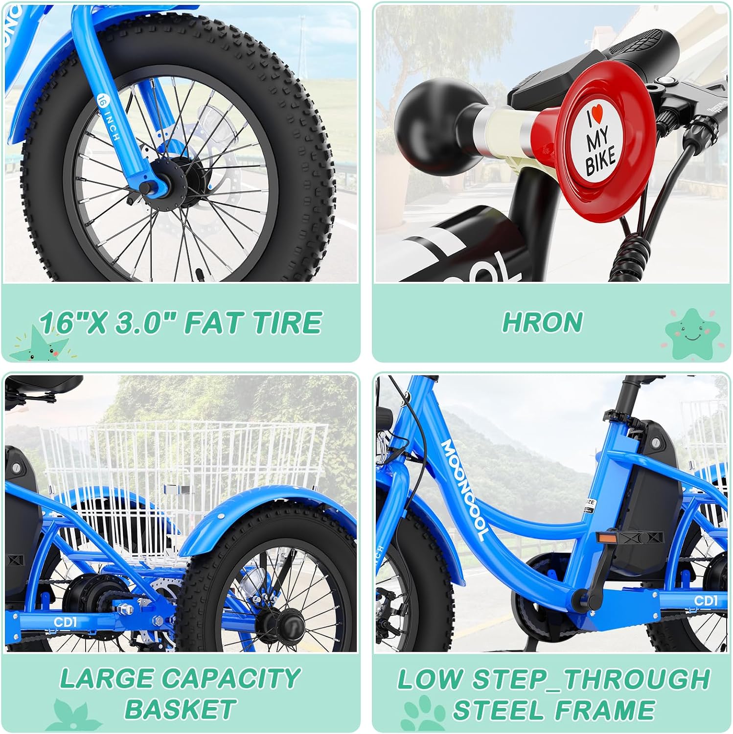 LILYPELLE Electric Tricycle for Youth, 250W Aluminum Frame Electric Tricycle Etrike, 16IN 3 Wheels Electric Bicycle Bikes, 3.0 Fat Tire Electric Trike with Removable Battery and Rear Basket