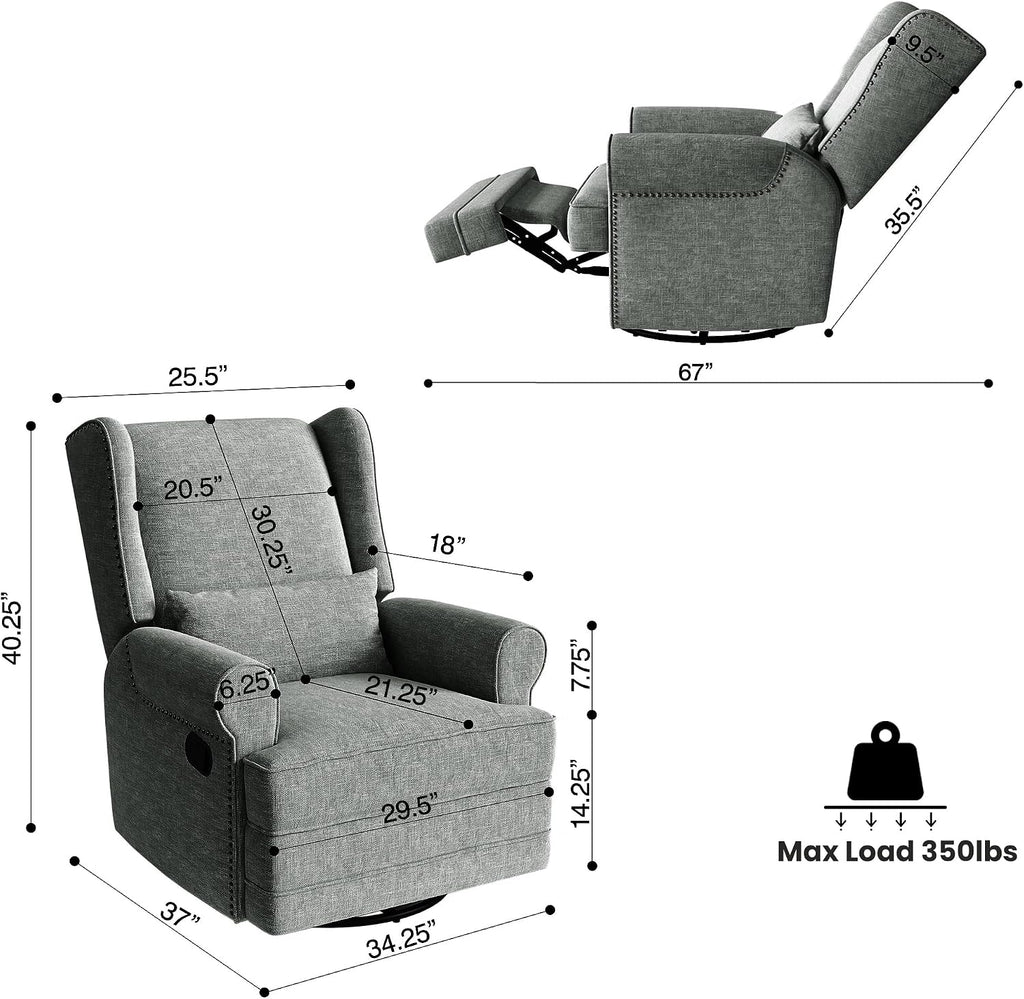 May in Color Nursery Glider Recliner, Comfy Upholstered Glider Chair with Lumbar Pillow and Footrest, Swivel Rocking Chair for Bedroom, Living Room, Dark Grey