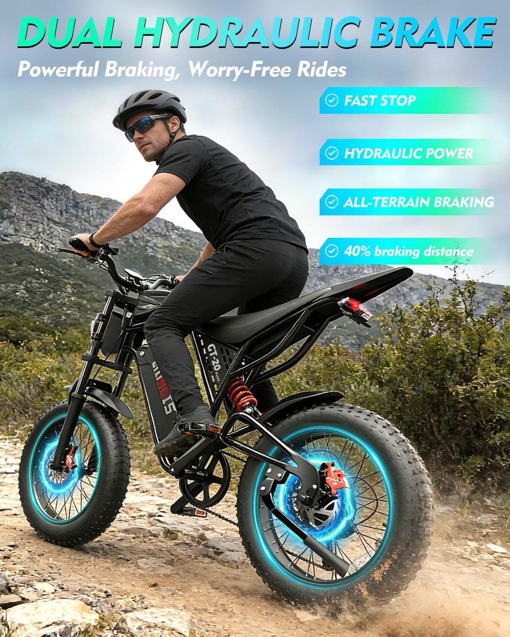 Rakowe Electric Bike for Adults, 2000W Peak Motor, 20' Fat Tire Electric Dirt Bike, 48V Removable Battery, Up to 34MPH & 80 Miles, Hydraulic Disc Brakes, Full Suspension, 7-Speed Ebike
