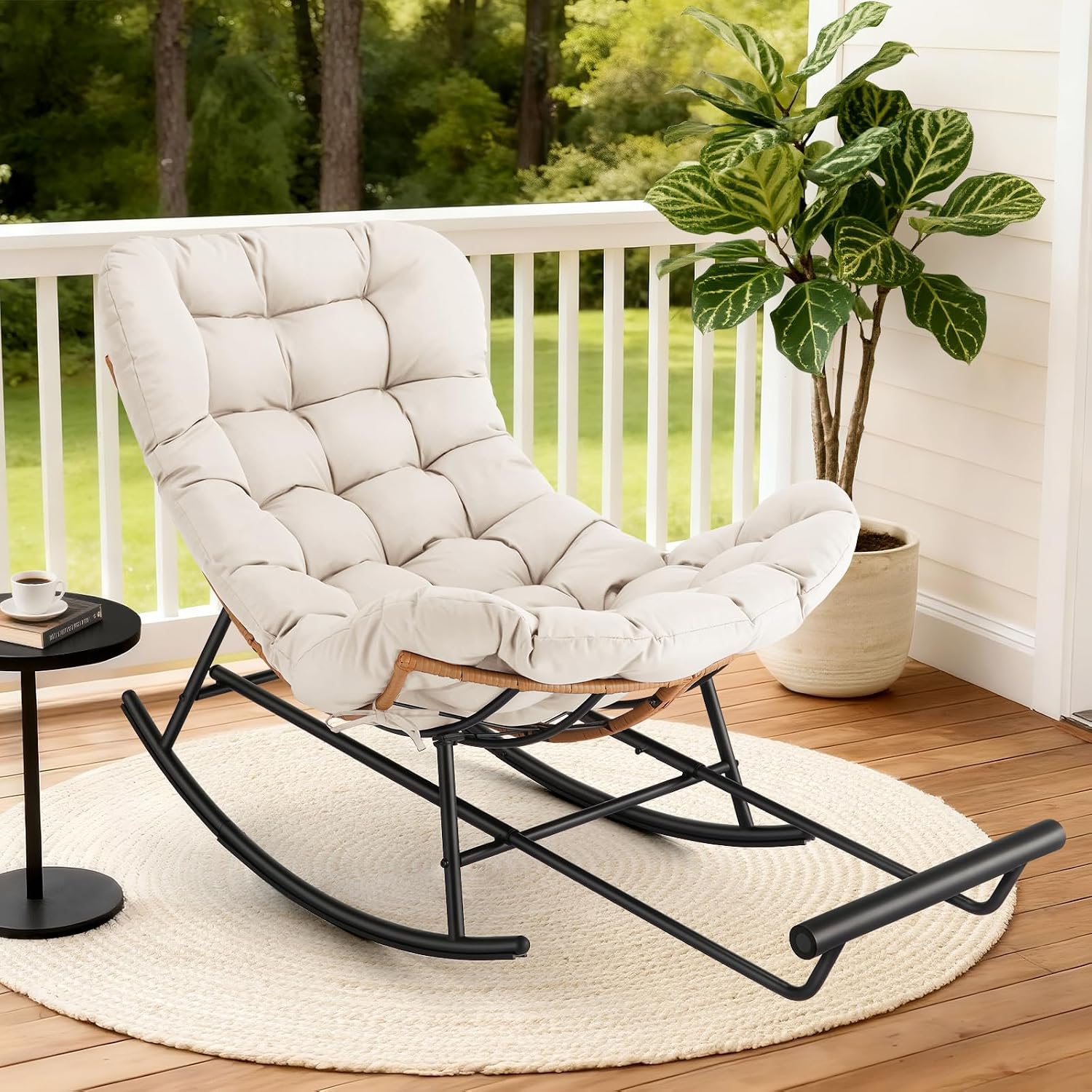 Takywep Rattan Rocking Chair with Detachable Polyester Cushion and Extendable Footrest – Papasan Chair with Cozy Seating for Porch, Lawn, Bedroom & Living Room, Beige