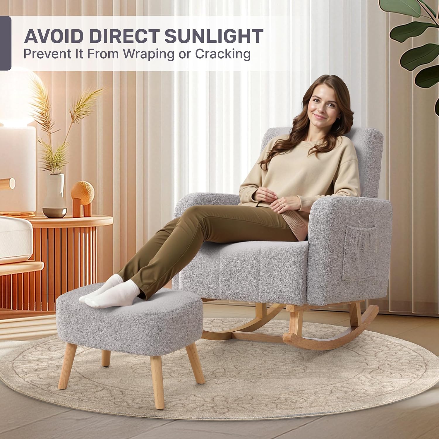 HCHAIRH Rocking Chair with Ottoman, Nursing Glider Rocker with High Backrest and Side Pocket, Comfy Reading Chair with Solid Wood Legs for Nursery/Living Room/Bedroom Light Grey