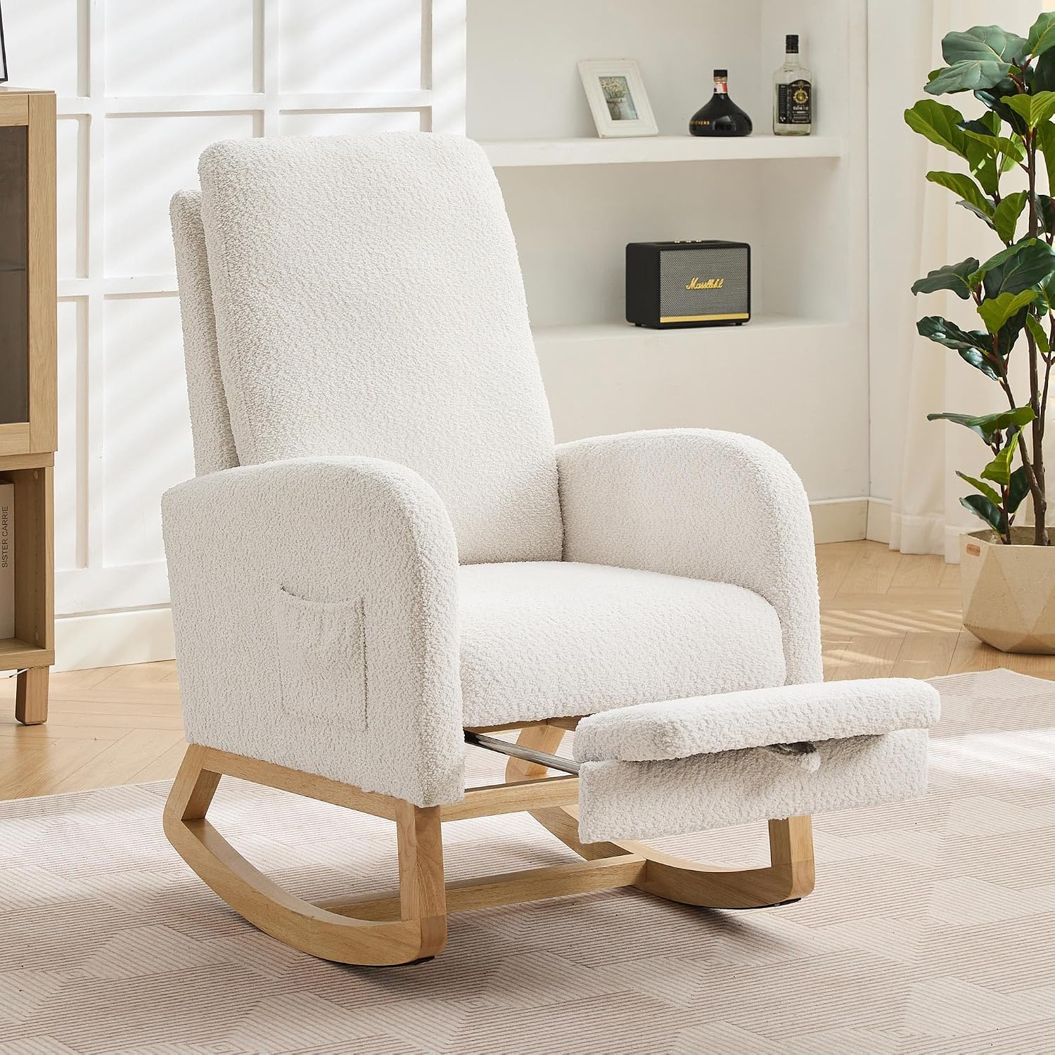 Aoiy & Wifon Rocking Chair Nursery, Modern Nursery Rocking Chairs with Side Pocket & Footrest, Upholstered Rocking Chair Nursery Glider, Boucle, Ivory