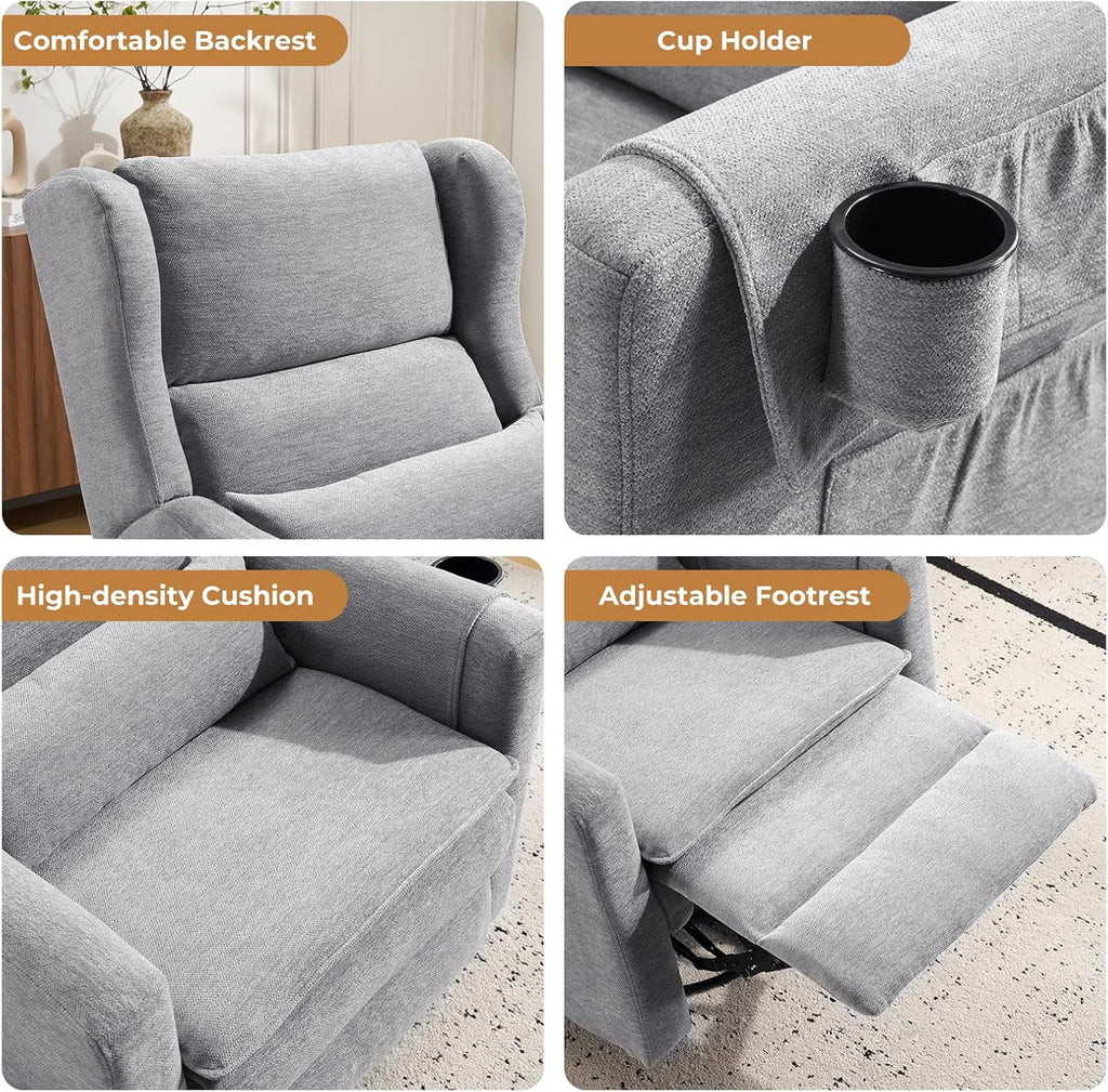 Large Glider Rocker Recliner,Rocking Chair Nursery with Adjustable Headrest,Swivel Rocker Recliner with Lumbar Support,Manual Nursery Rocker Recliner for Living Room& Bedroom,Grey