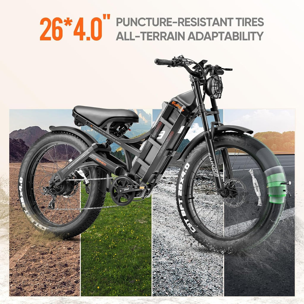 Eahora Romeo Pro/Romeo 2/Romeo Ultra 34-43Mph 1600-3000W Electric Bike for Adults 48-60V 60-70Ah 200Miles Long Range, 20*4.5/26*4.0' Fat Tire Full Suspension, All Terrain, Hydraulic Brake, APP Control