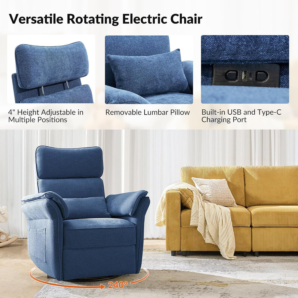 HULALA HOME Nursery Glider Recliner with Adjustable Headrest and Armrests, Power Swivel Rocker Recliner Chair with USB Port and Storage Bags, GREENGARD, FSC, CertiPUR-US® Certified, Navy