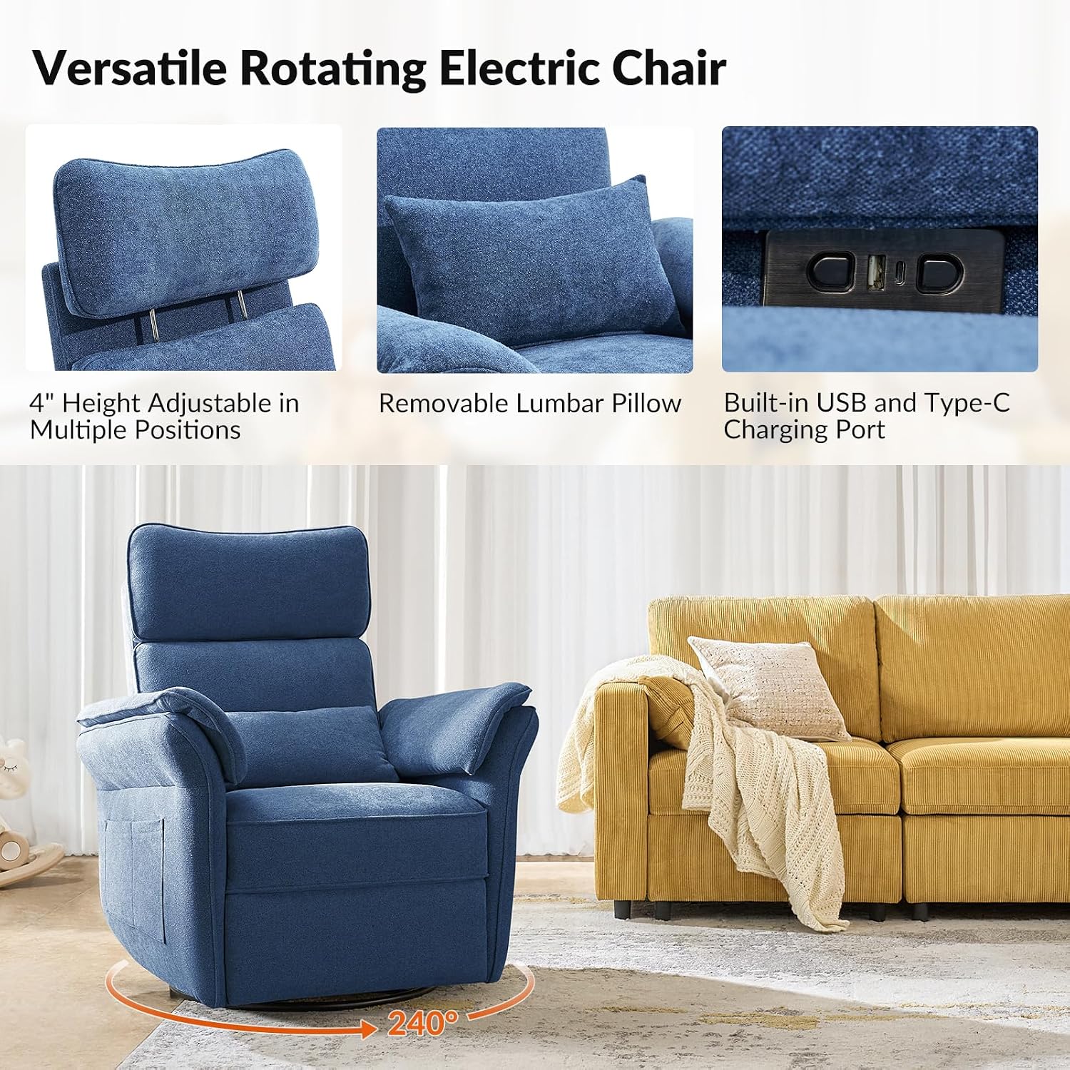 HULALA HOME Nursery Glider Recliner with Adjustable Headrest and Armrests, Power Swivel Rocker Recliner Chair with USB Port and Storage Bags, GREENGARD, FSC, CertiPUR-US® Certified, Navy