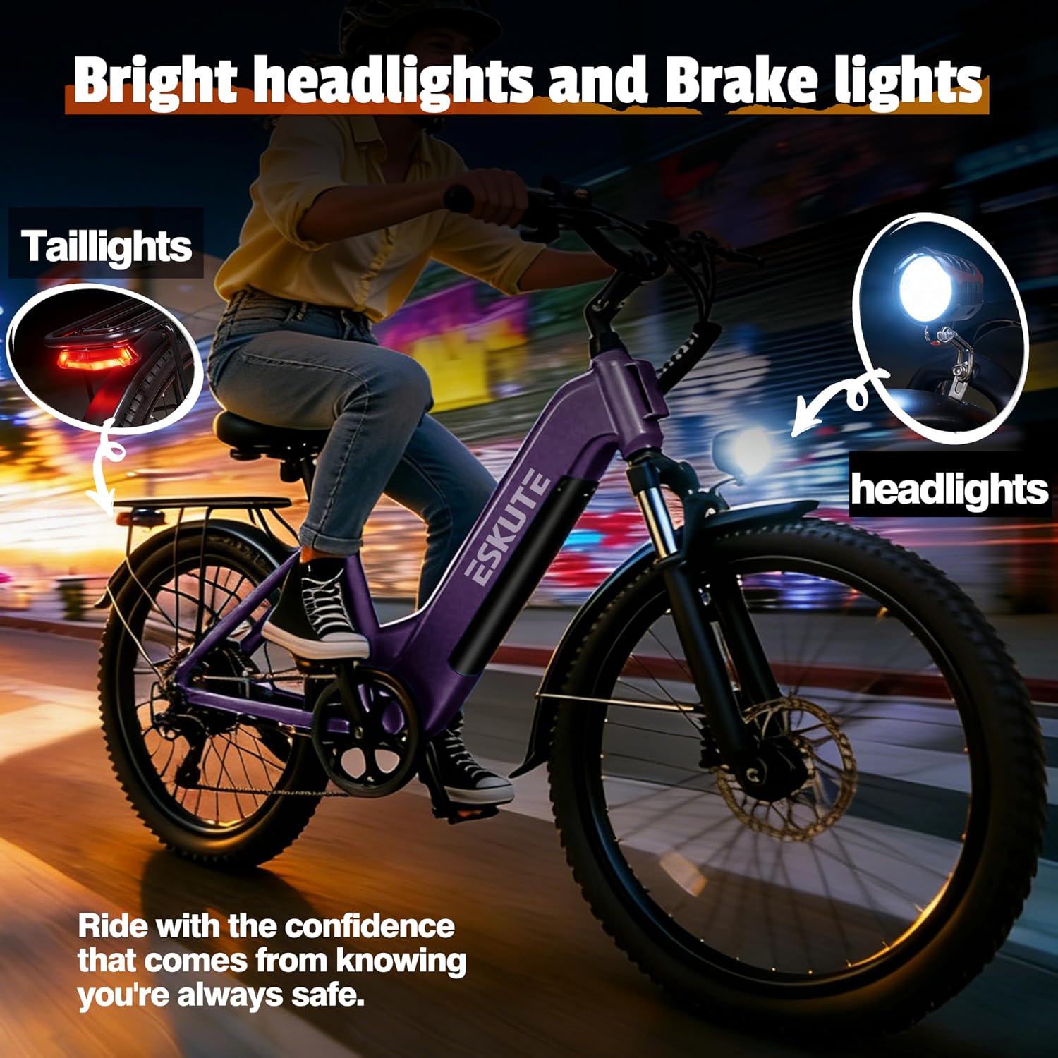 ESKUTE Electric Bike for Adults-1300w Peak Ebike, 28MPH Step Thru Electric Bicycle，70Miles 840 WH Removable Battery e-Bike, 7-Speed 26'' tire, Adjustable Stem,