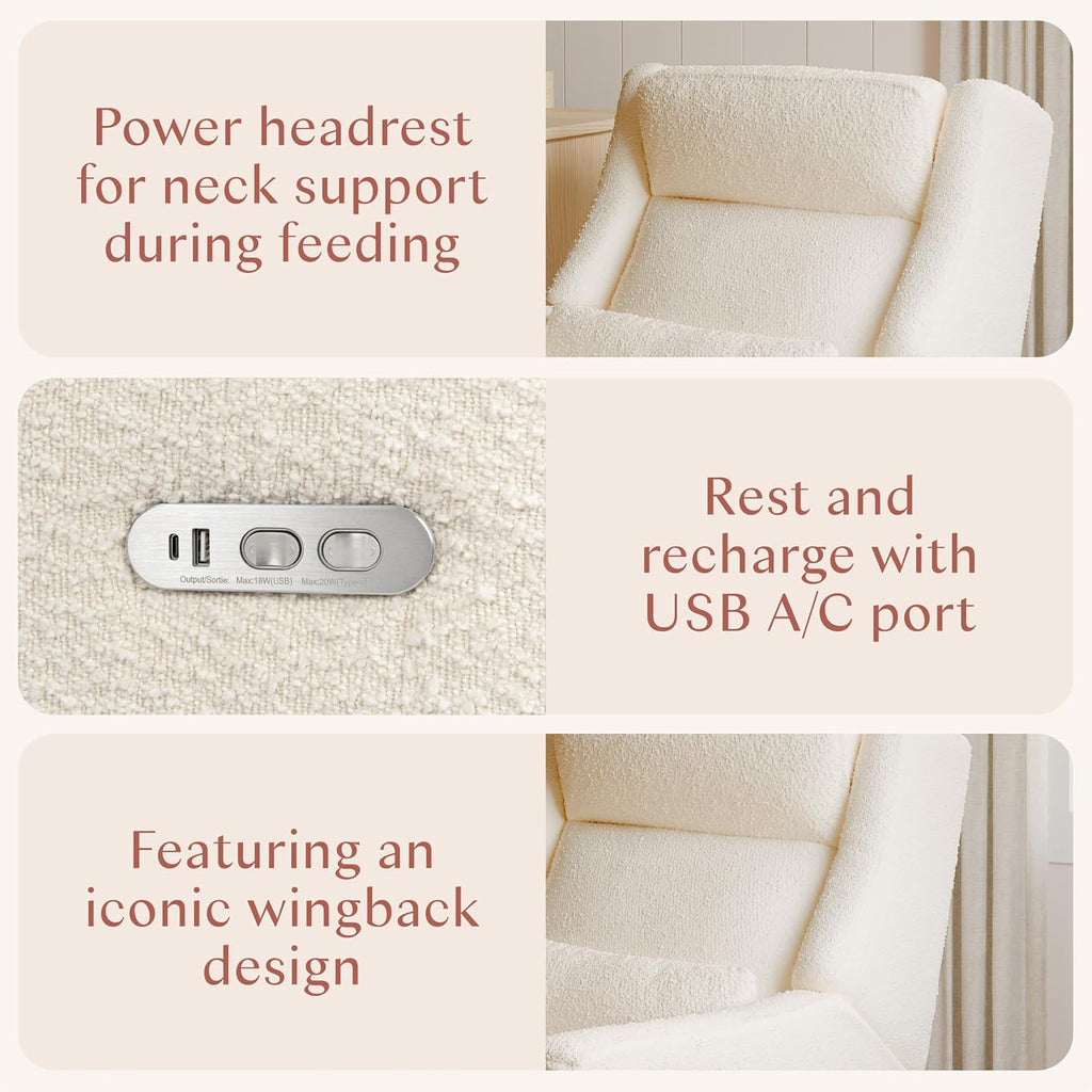 Babyletto Kiwi Plus Power Recliner and Swivel Glider with Power Headrest and USB Port in Performance Ivory Boucle, Water Repellent & Stain Resistant, Greenguard Gold and CertiPUR-US Certified