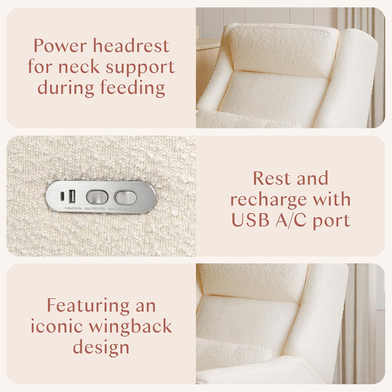 Babyletto Kiwi Plus Power Recliner and Swivel Glider with Power Headrest and USB Port in Performance Ivory Boucle, Water Repellent & Stain Resistant, Greenguard Gold and CertiPUR-US Certified