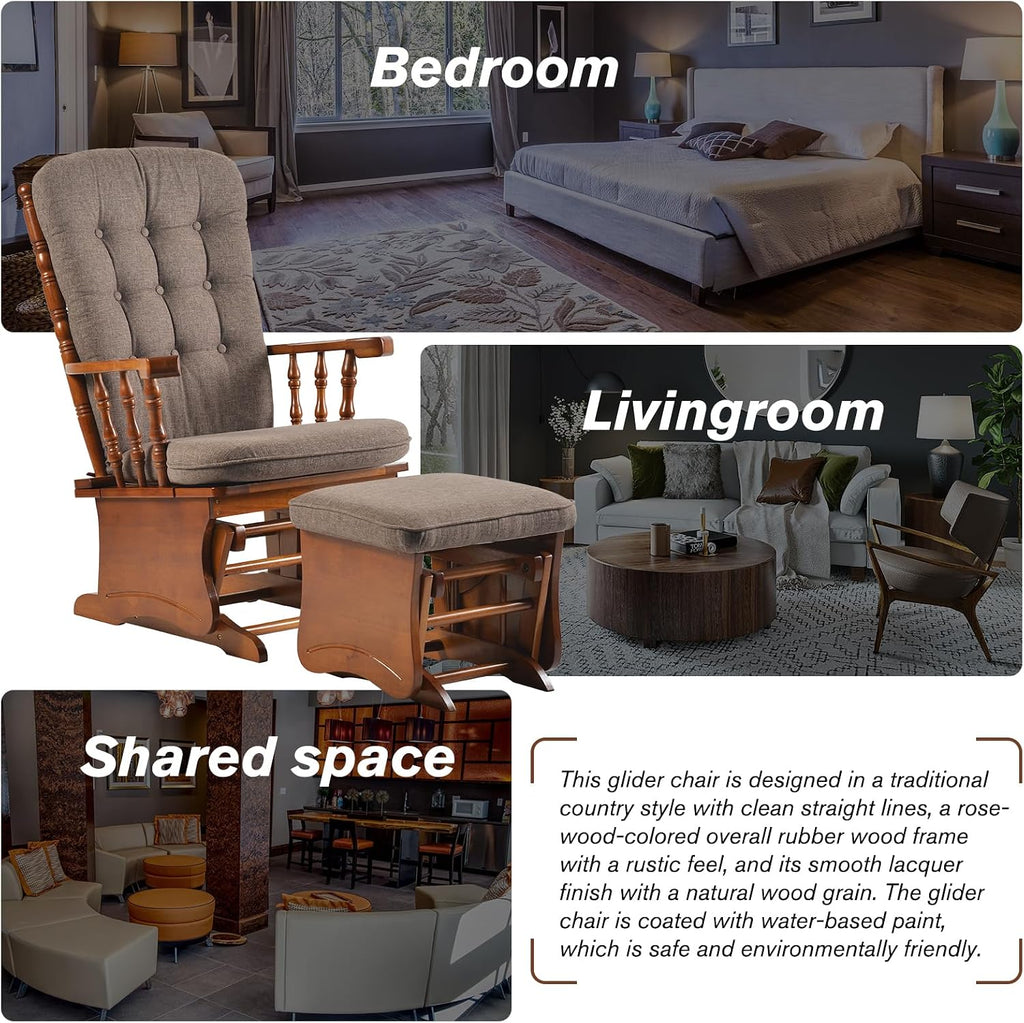 Anti-Pinch Solid Wood Hand Glider Rocking Chair Set with Ottoman, Padded Cushion, Rustic Rubber Wood Nursery Glider for Nursing, Relaxing, Living Room, Bedroom, Oak Colored