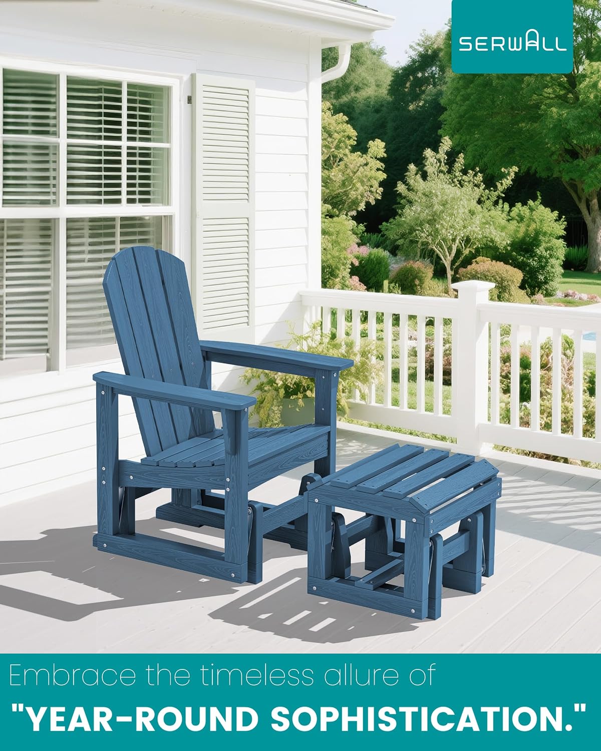 SERWALL Outdoor Glider Chair Set of 2 with Ottoman, HDPE Wood-Like Patio Glider Set All-Weather Porch Glider for Outside, Blue