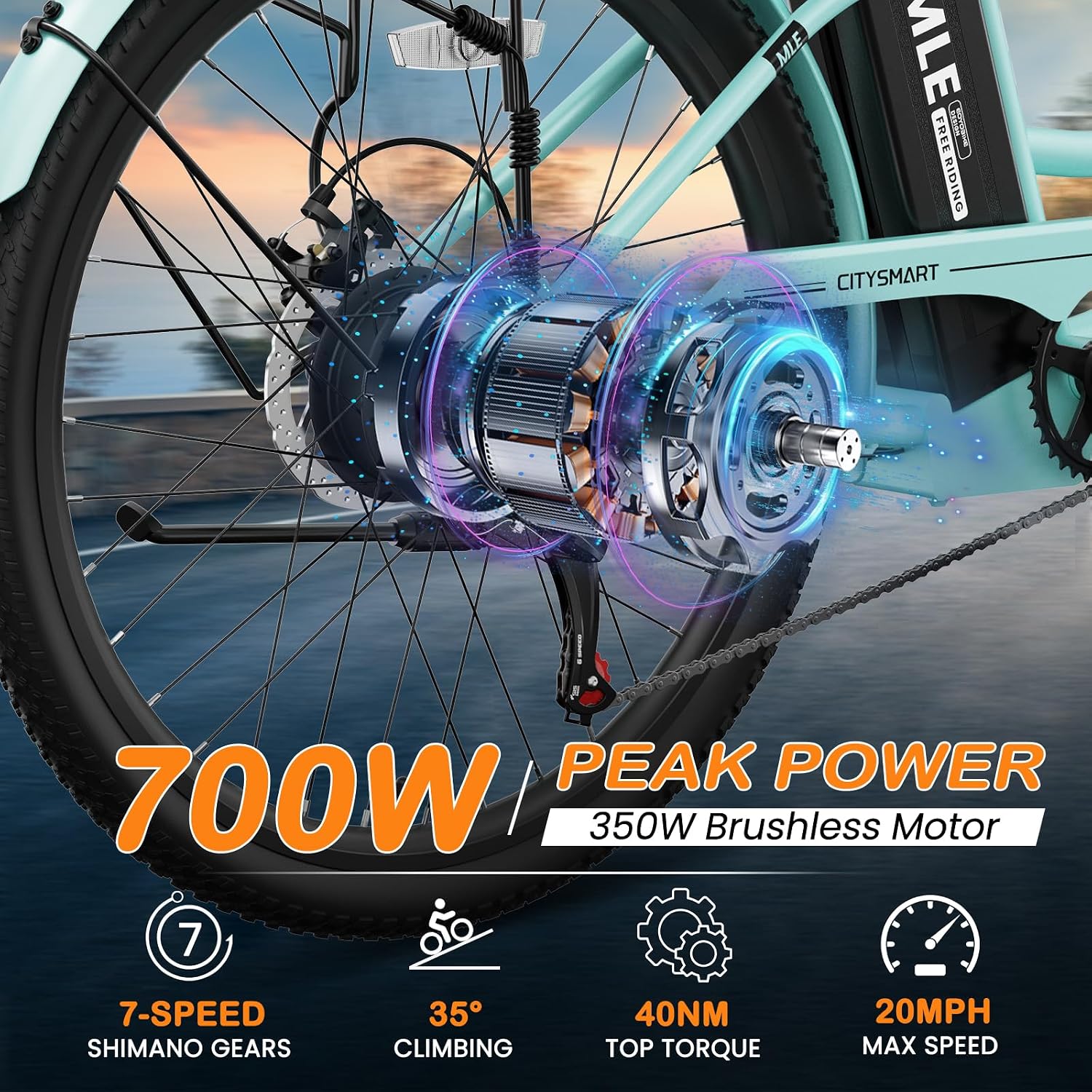 MOPHOTO Electric Bike for Women Adults, 700W Peak Power, 40 Miles Electric Cruiser Bike with 36V 10.4Ah Battery, 7-Speed Electric Bicycle, 24' 26' Tires and Front Fork Suspension