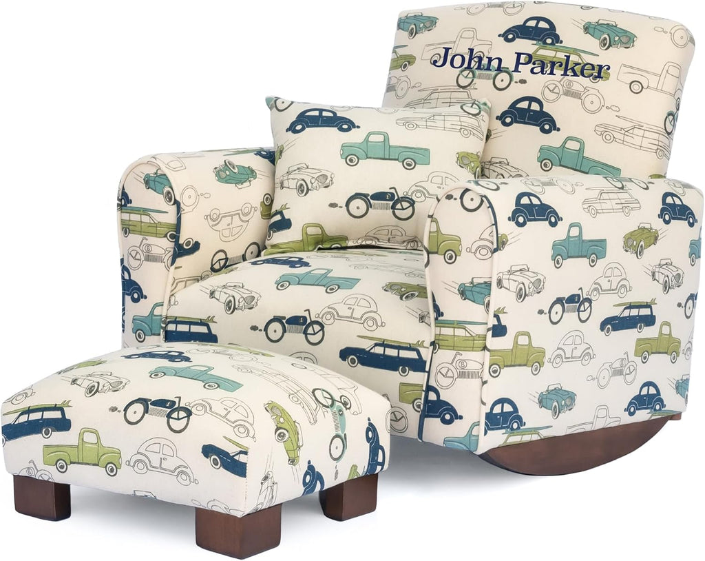 Toddler Personalized Armchair, Kids Upholstered Rocking Chair with Personalization, Toddler Chair with Personalized Name, Comfy Child Armchair, (Cars & Trucks Print, Rockers)