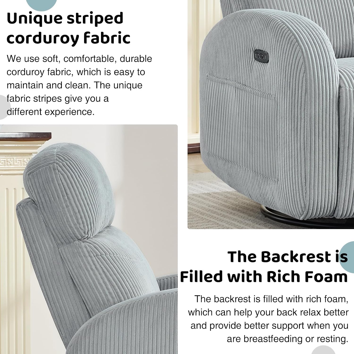 Power Nursery Glider Recliner, Swivel Glider Recliner with USB & Type-C Port, Swivel Reclining Nursery Rocker with Double Pockets for Living Room, Grey,Corduroy