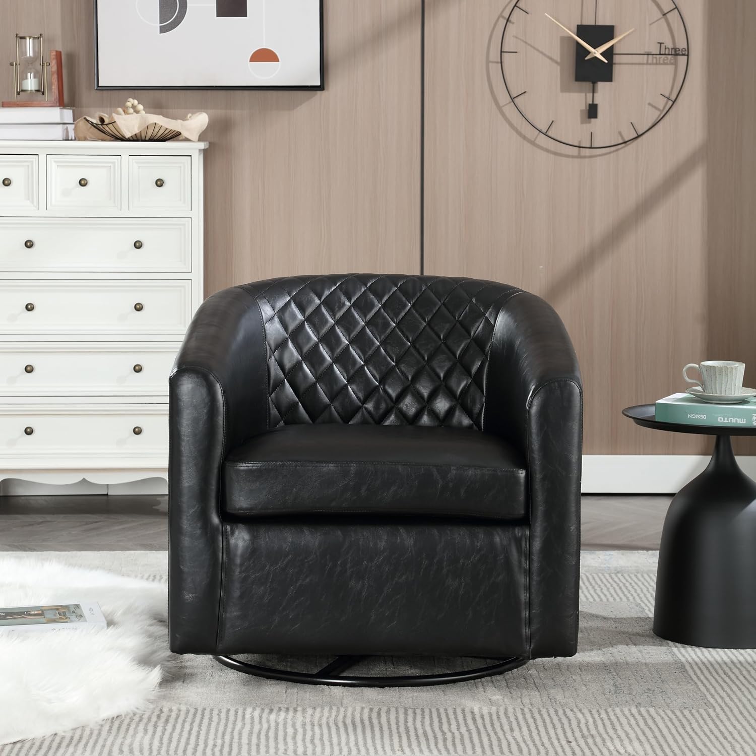 Modern Swivel Rocker Accent Chair Armchair Round Swivel Barrel Chair, 360° Rotating and Glide Back and Forth, Black PU Leather