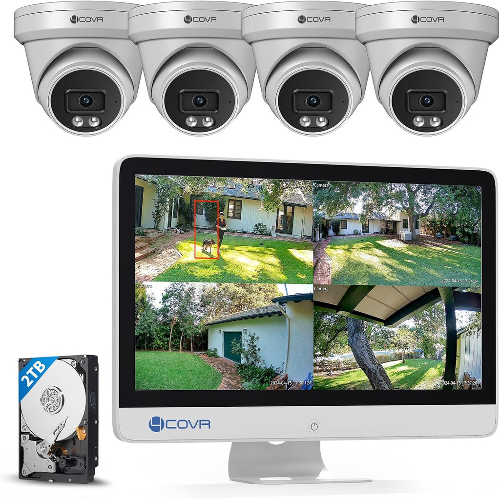 4COVR 4K PoE Security Camera System with Monitor, 8 Channel 8MP H.265 Ultra HD NVR with Monitor Pre-Installed 2TB HDD, 4Pcs IR Dome Wired 8MP IP Camera IP67, Person Vehicle Detection, LY97SA8MU804