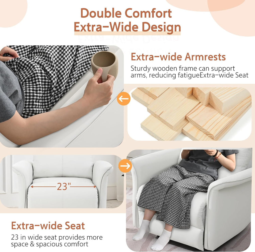 Manual Rocker Recliner Chair with Glider Motion for Nursery, 150° Recline & Wide Armrests - Overstuffed Leather Nursery Chair for Small Spaces, Living Room, Bedroom