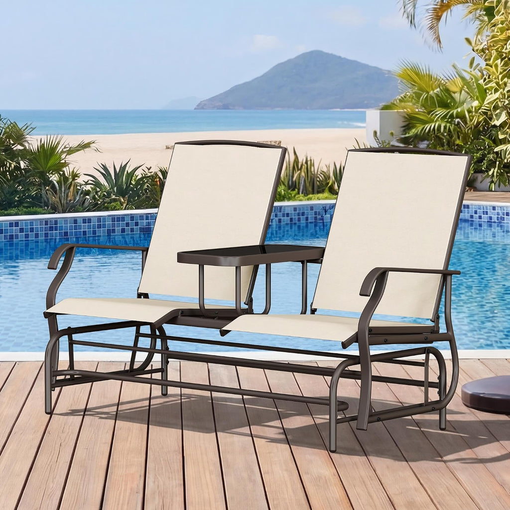Yaheetech 2-Seat Outdoor Glider with Center Table, Patio Rocking Loveseat with Breathable Mesh Sturdy Metal Frame for Garden Pool Lawn, Beige
