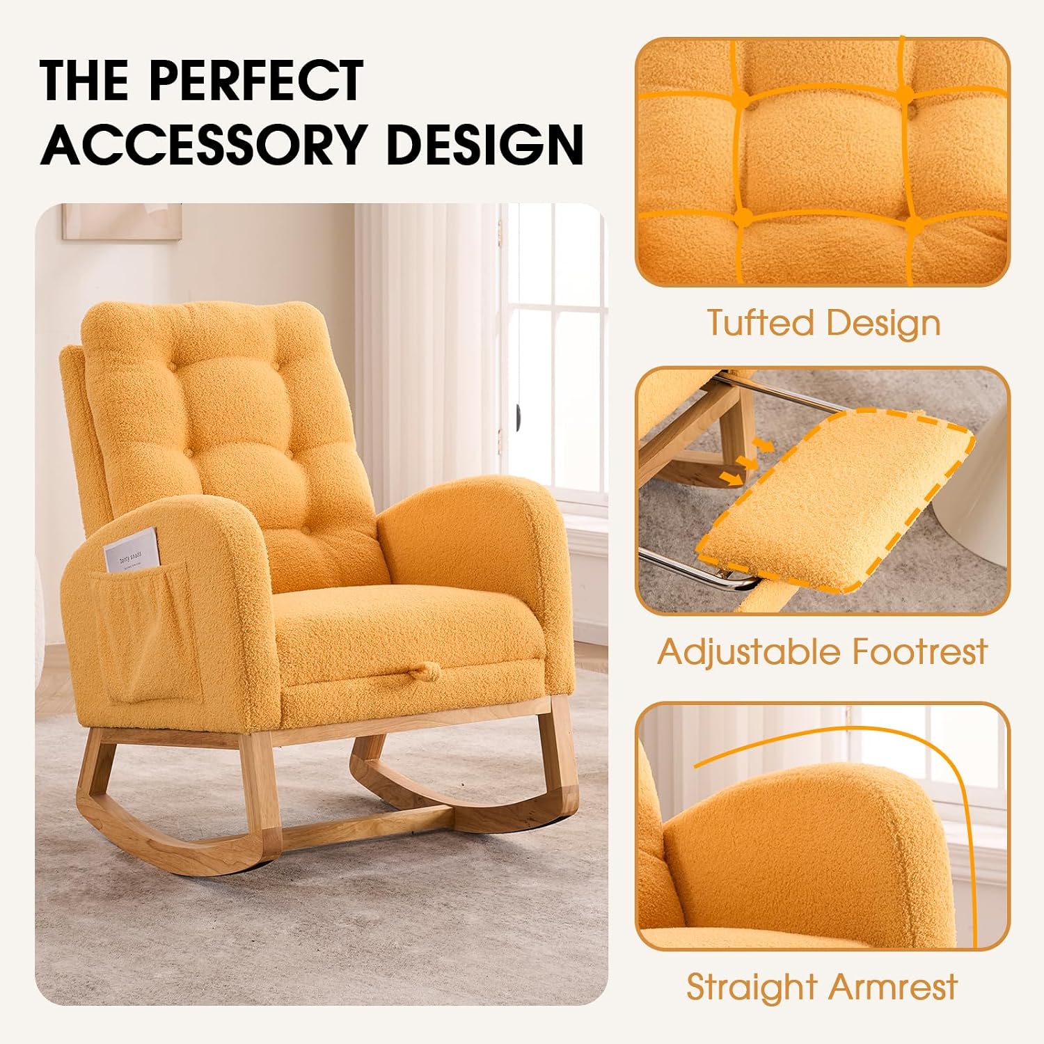 NIOIIKIT Nursery Rocking Chair, Linen Upholstered Glider Chair with Footrest, Tufted Rocker Recliner with Side Pocket, Comfy Recliner Glider, Accent Chair for Living Room (Yellow Teddy)
