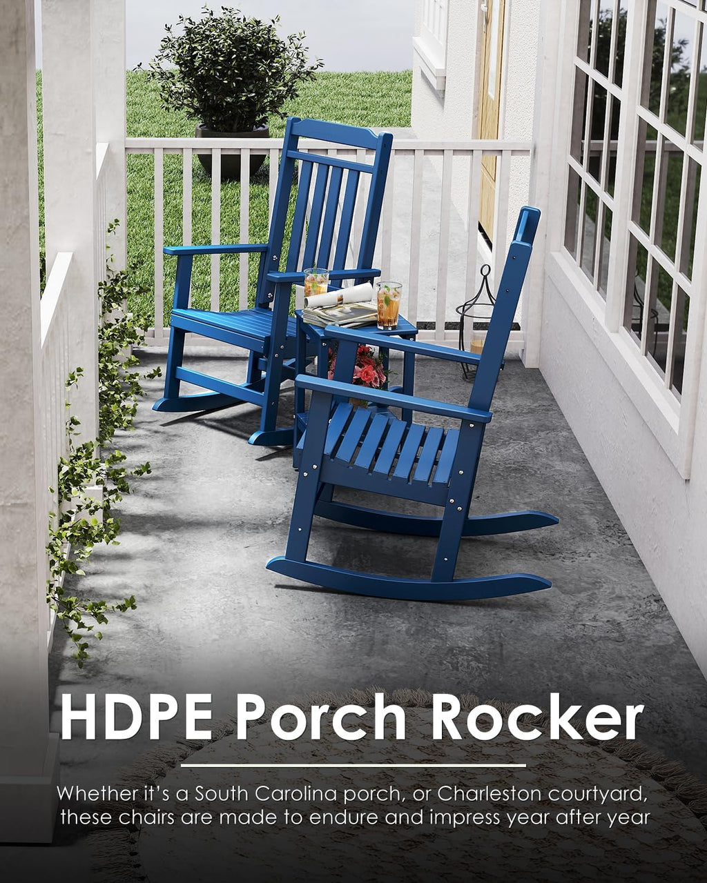 GREENVINES Outdoor-Rocking-Chairs-Set-of-2 | HDPE Plastic | Patio Rockers | Porch Rocker Chair | Oversized | High Back | Big & Tall | Blue