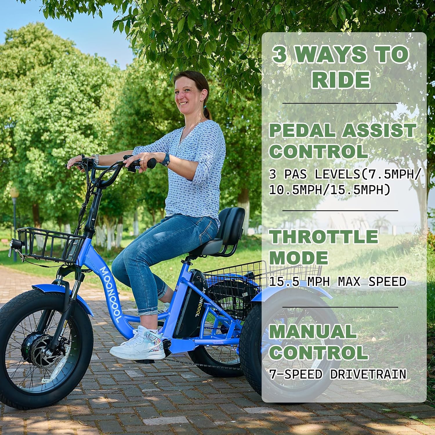 Electric Tricycle Electric Bicycle Electric Trike, 20'' 24'' 26'' 3 Wheel Electric Bike for Adults with 350W Motor, Removable Battery, Adjustable Seat and Bike Basket, Blue, ZT-E20-SL