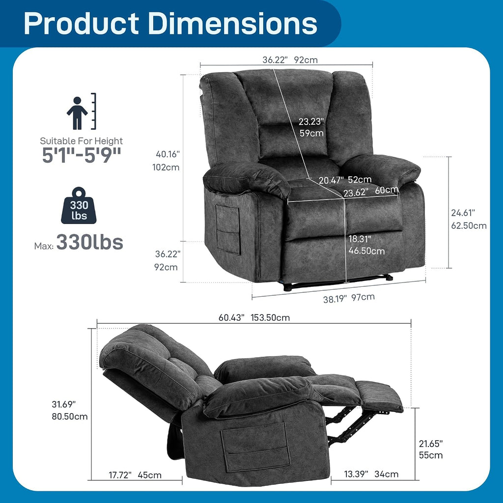 Recliner Chair Rocker Modern Ergonomic Lounge Degree Single Sofa Seat Living Room Lounge Recliners (Dark Gray A - Flannel)