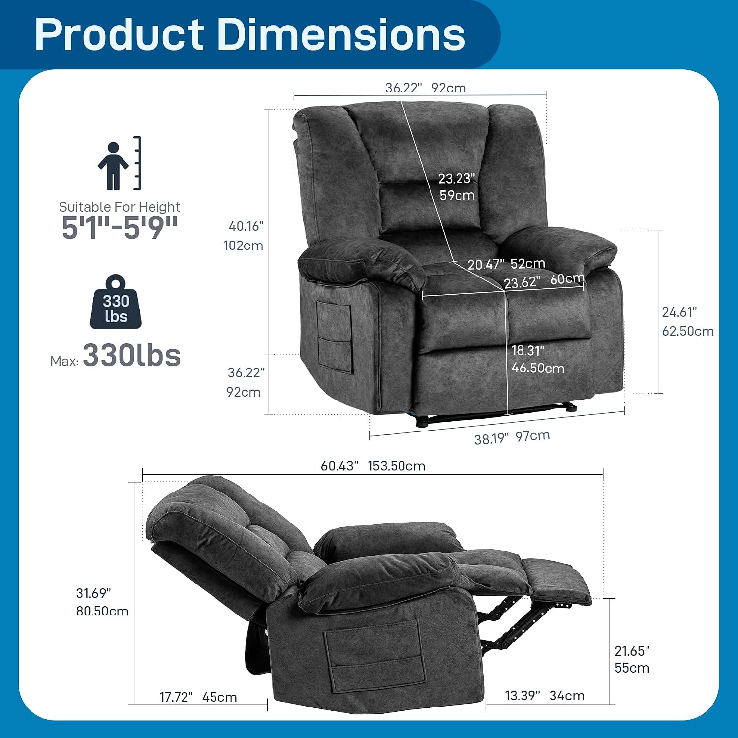 Recliner Chair Rocker Modern Ergonomic Lounge Degree Single Sofa Seat Living Room Lounge Recliners (Dark Gray A - Flannel)