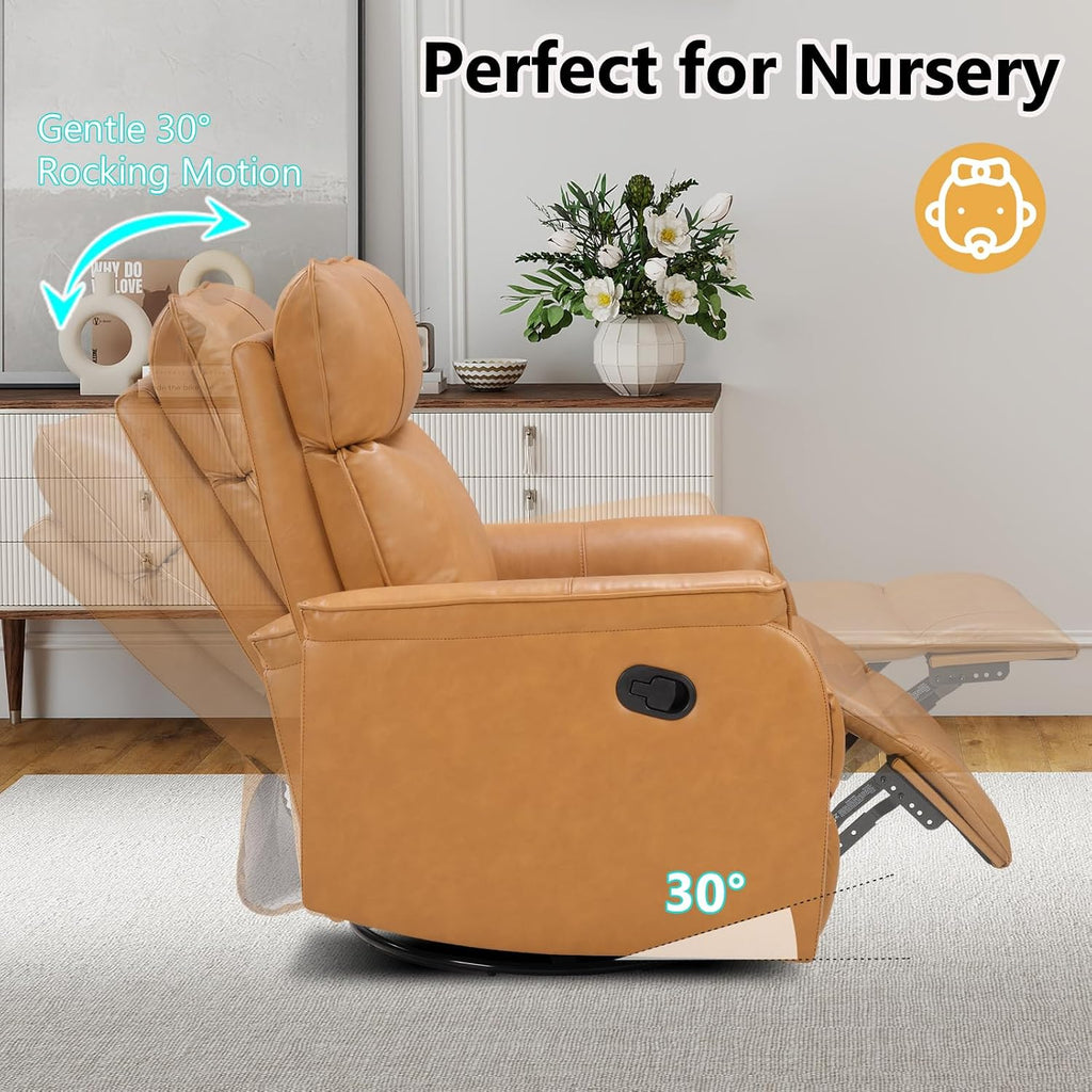 ANJ Manual Recliner Chair, Swivel Rocker Chair for Adults，Glider Recliner Nursery Chair,Faux Leather Lazy Boy Reclining Chairs for Living Room, Bedroom, Home Office