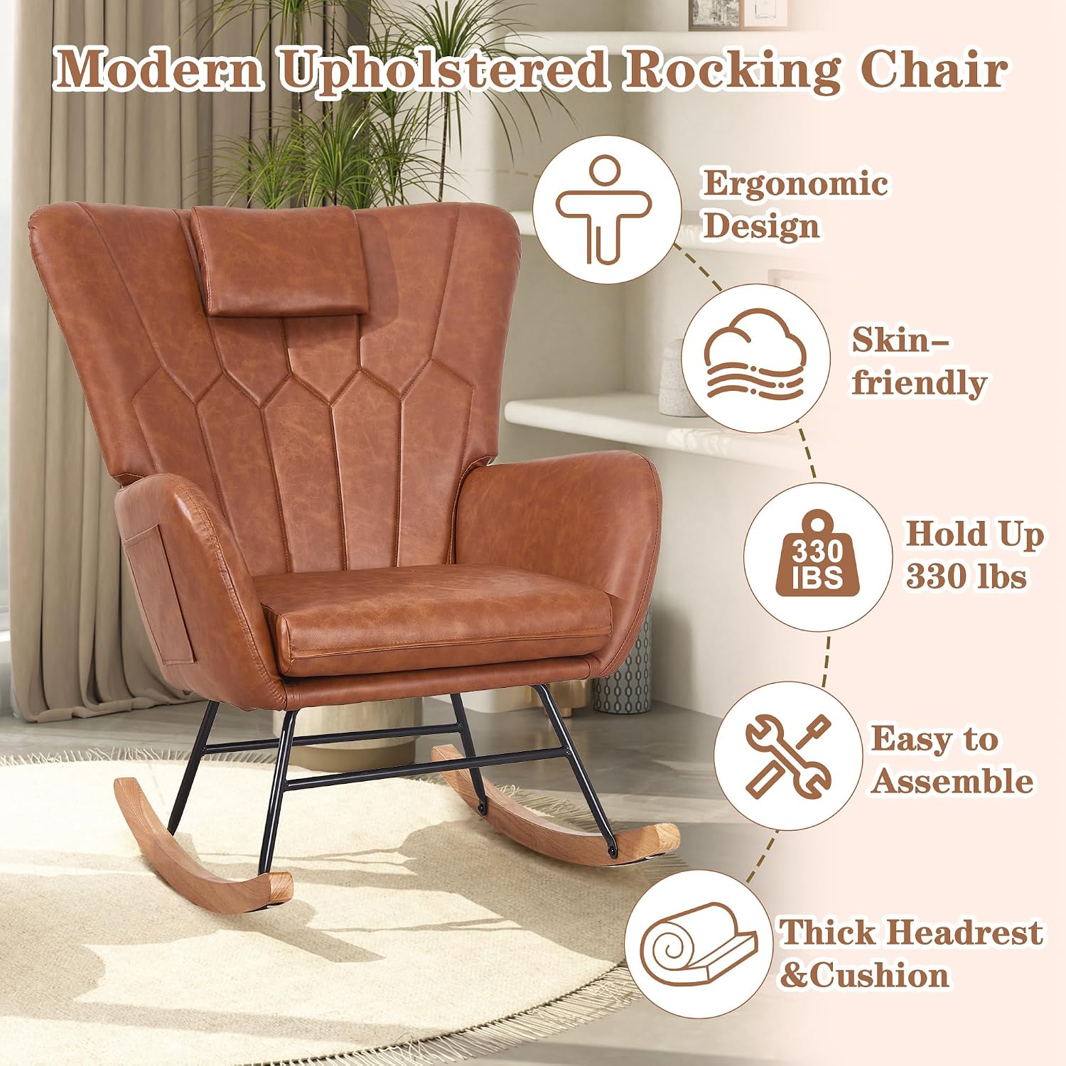VECELO Rocking Chair Nursery with Thick Headrest, Modern Teddy Upholstered Reading Glider Rocker Accent Armchair with High Backrest, Padded Seat, Side Pocket, for LivingRoom, Bedroom, Baby Room, Brown