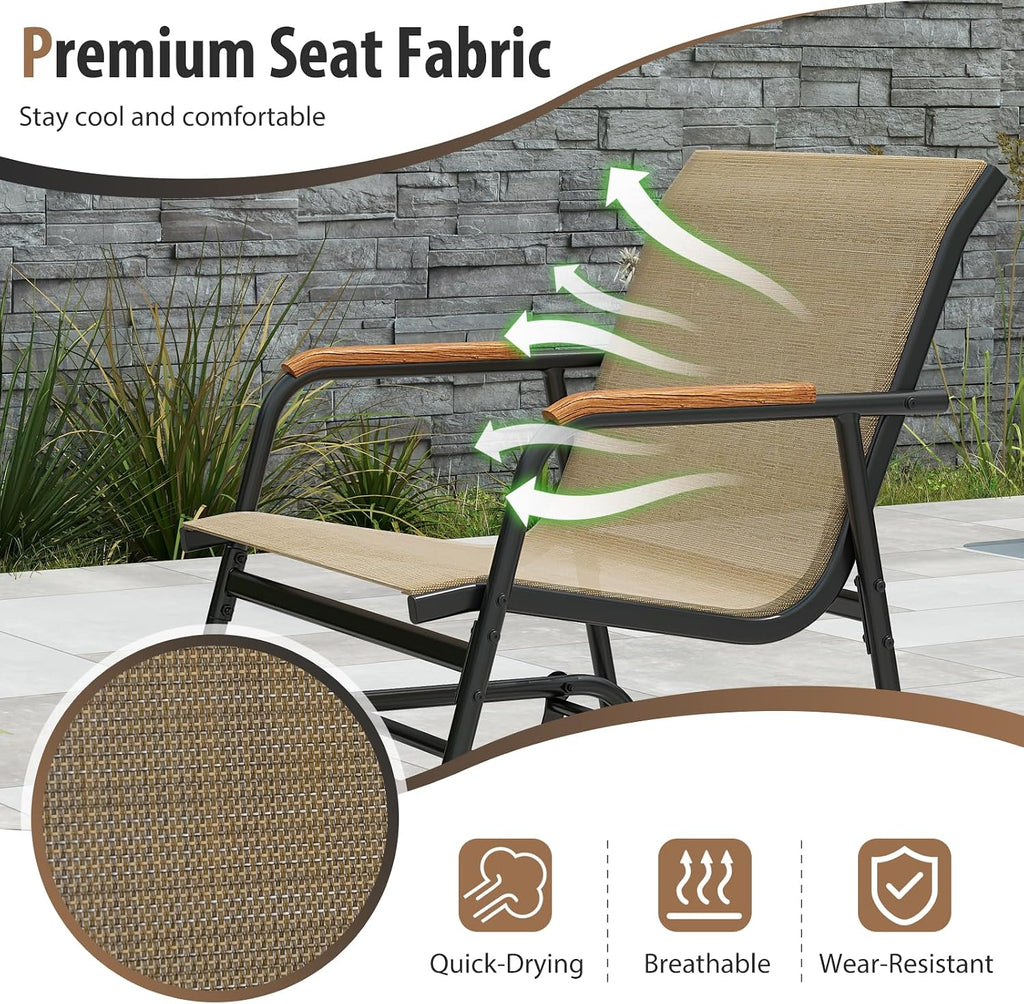Giantex 3-Piece Outdoor Glider Set, 2-Pack Rocking Chairs with Small Tempered Glass Coffee Table, Metal Frame, Porch Rocker, Patio Bistro Set for Outside, Garden, Backyard, Balcony, Brown