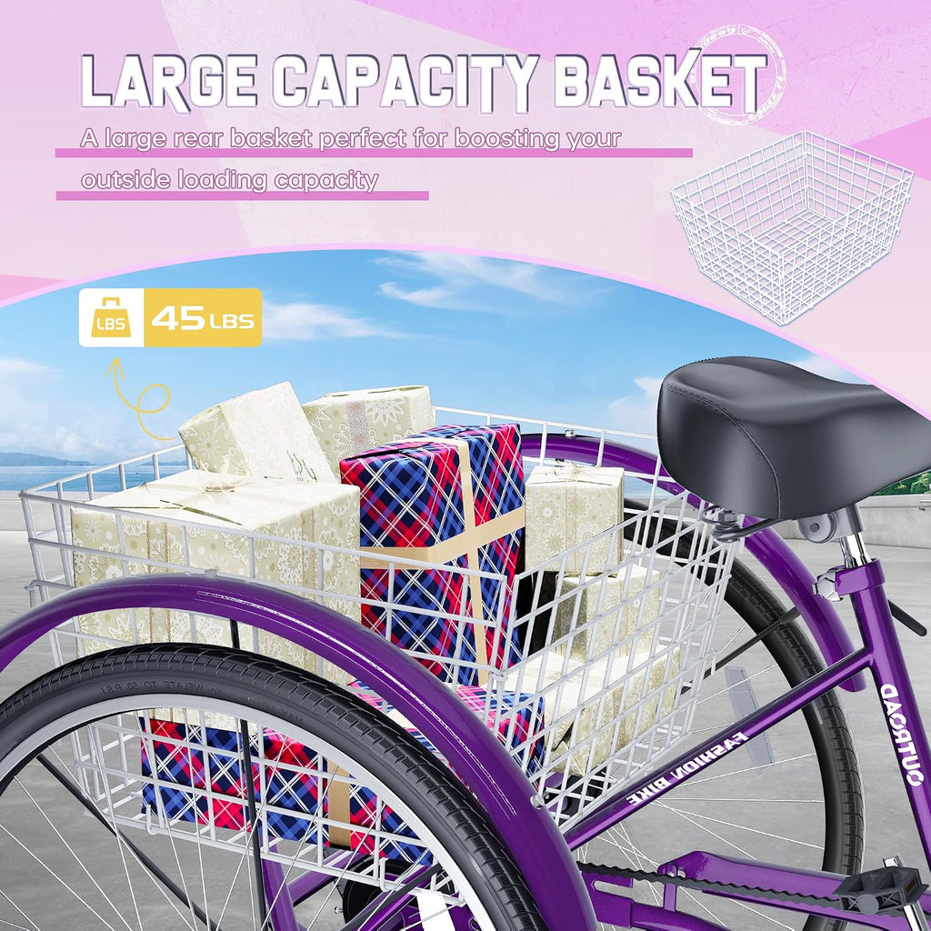 Outroad Adult Tricycle, 24/26 inch 1 Speed Cruiser Trike, 3 Wheel Bikes with Large Basket for Seniors, Women, Men, Adult Trikes for Shopping Picnic Outdoor Sports,Red Blue