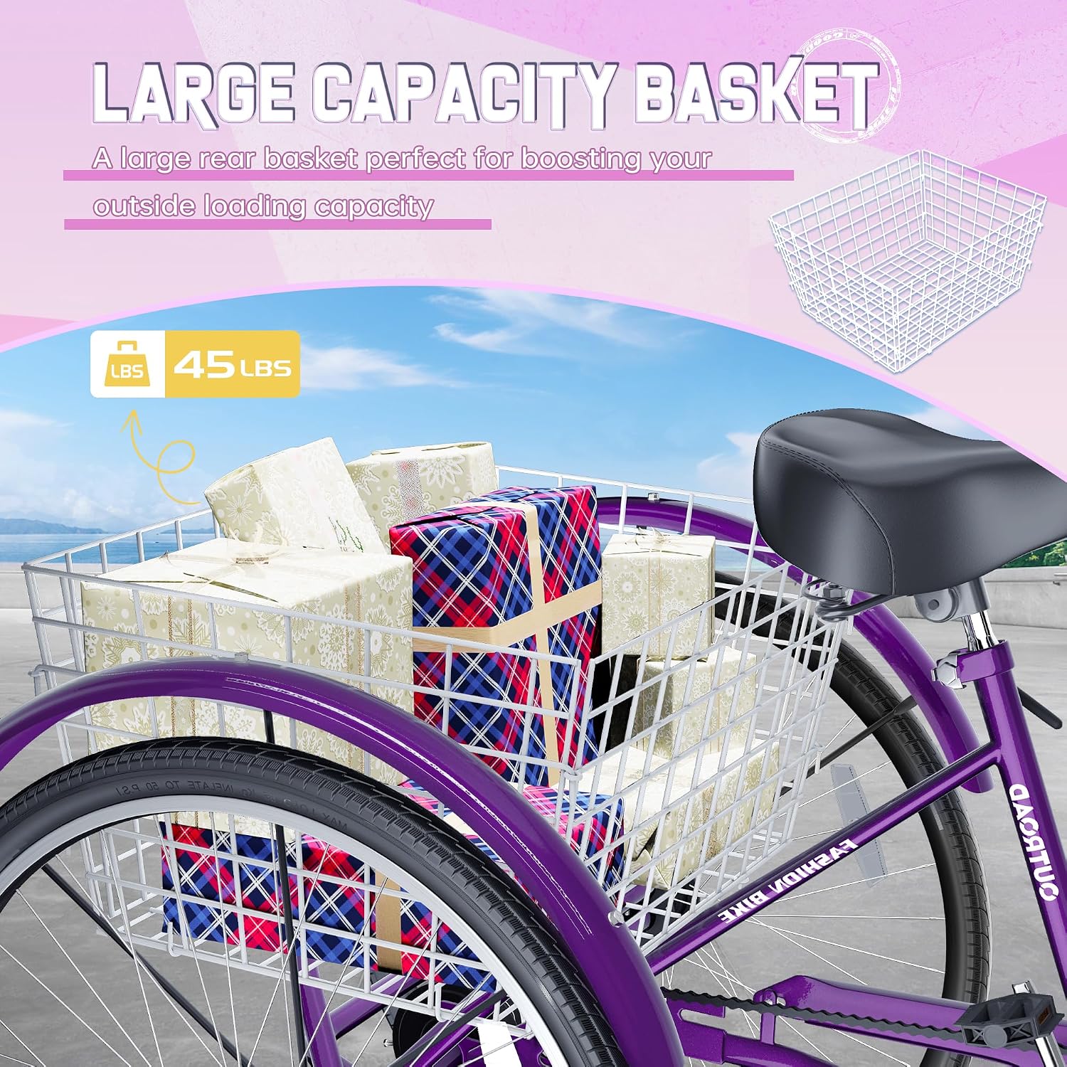 Outroad Adult Tricycle, 24/26 inch 1 Speed Cruiser Trike, 3 Wheel Bikes with Large Basket for Seniors, Women, Men, Adult Trikes for Shopping Picnic Outdoor Sports,Red Blue