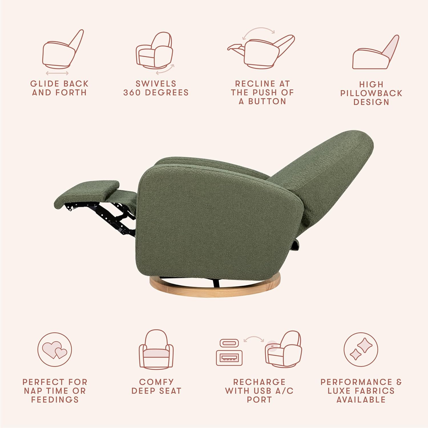 Babyletto Nami Electronic Power Recliner and Swivel Glider with USB Port in Olive Boucle with Light Wood Base, Water Repellent & Stain Resistant, Greenguard Gold and CertiPUR-US Certified
