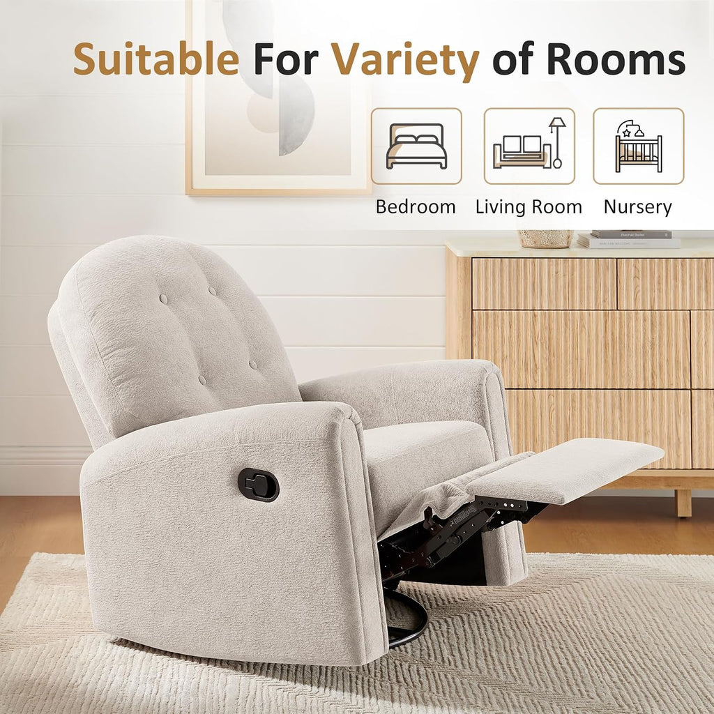 VANOMi 360 Swivel Rocker Recliner Chair, Nursery Rocking Chair with Tufted Backrest, Manual Recliner Chairs for Small Spaces, Upholstered Glider Nursing Chair for Living Room, Bedroom (Camel)