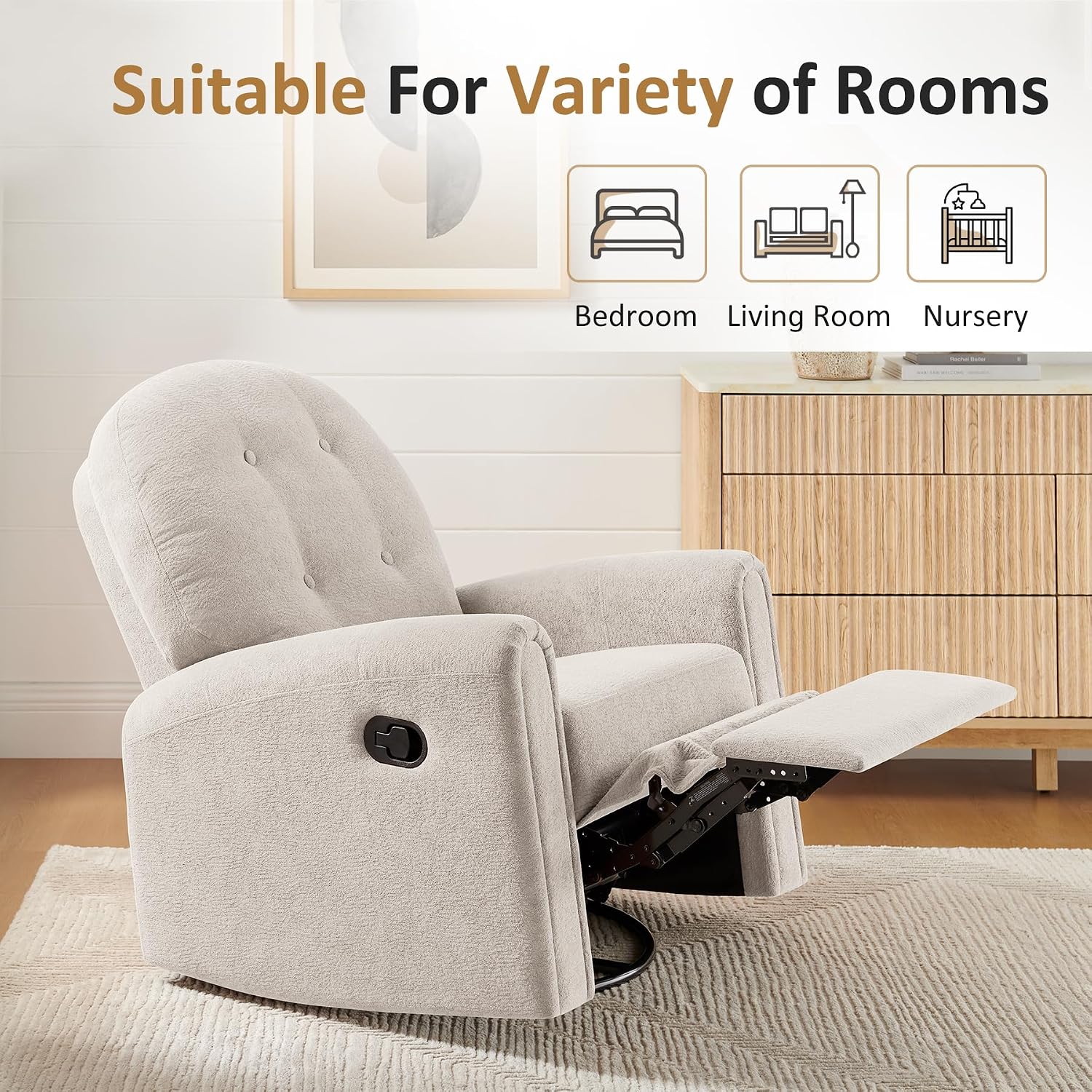 VANOMi 360 Swivel Rocker Recliner Chair, Nursery Rocking Chair with Tufted Backrest, Manual Recliner Chairs for Small Spaces, Upholstered Glider Nursing Chair for Living Room, Bedroom (Camel)