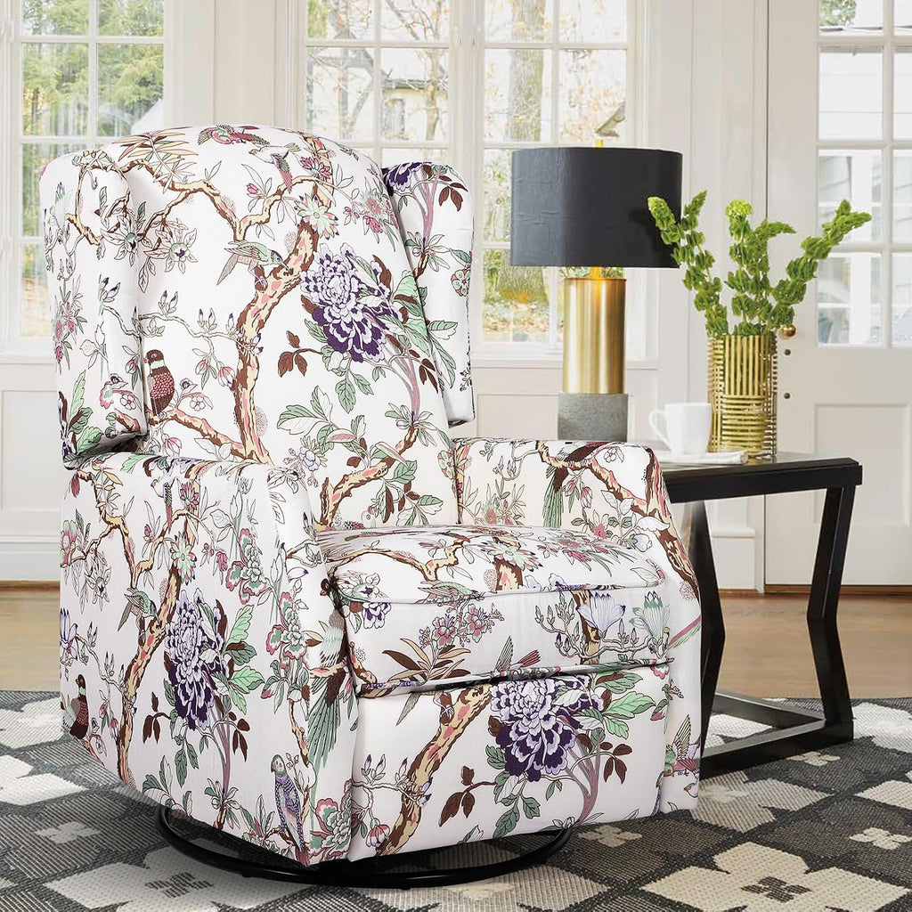 Swivel Rocker Recliner Chair, Glider Rocking Chair for Nursery, Floral Wingback Chair Recliner on Clearance, 360° Swivel Rocking Recliner Chair with Padded Seat for Living Room