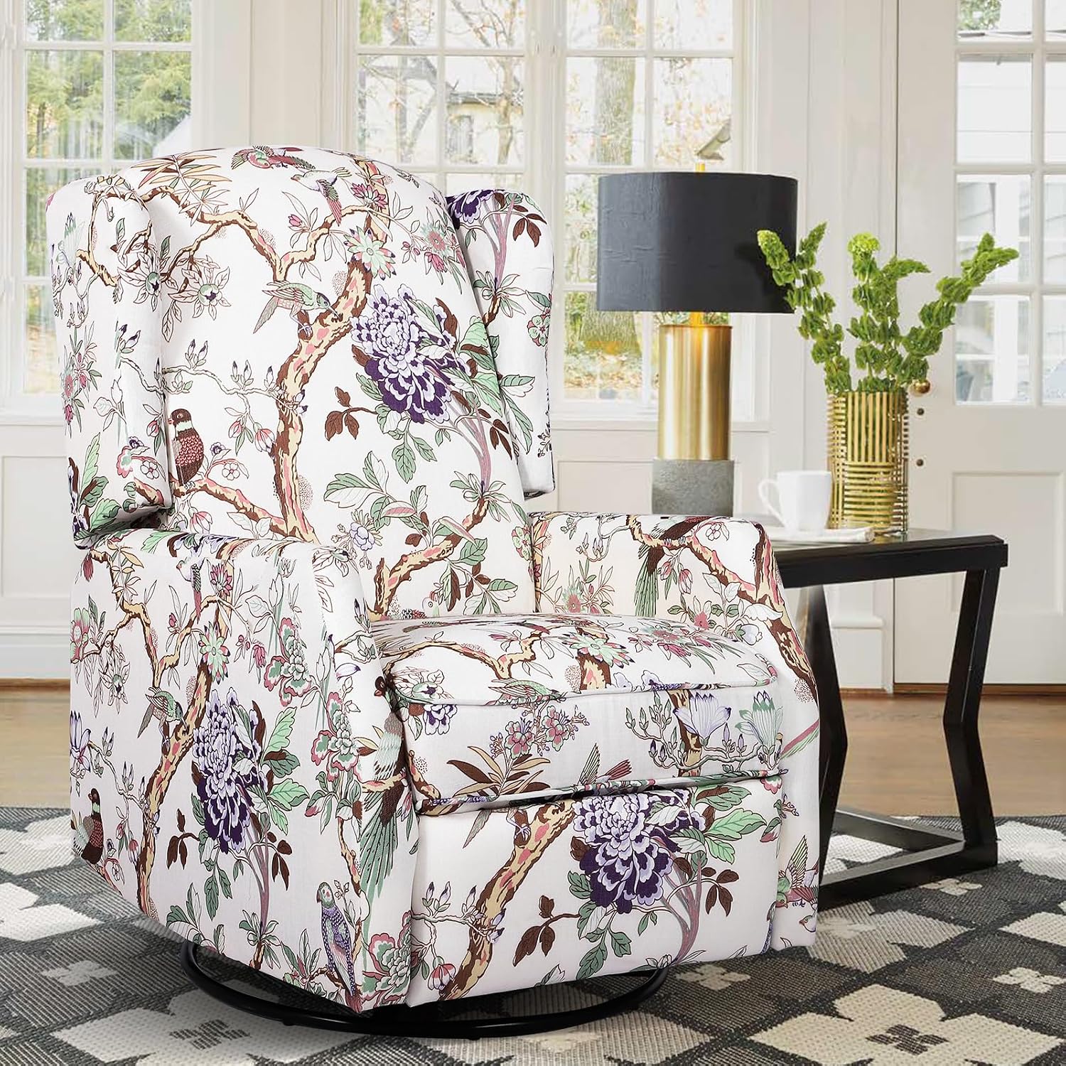 Swivel Rocker Recliner Chair, Glider Rocking Chair for Nursery, Floral Wingback Chair Recliner on Clearance, 360° Swivel Rocking Recliner Chair with Padded Seat for Living Room