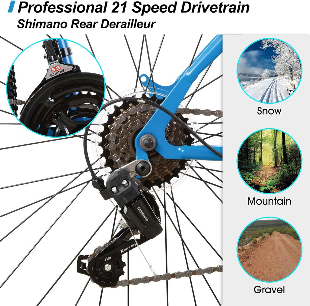 HILAND 26 27.5 29 Inch Mountain Bike, Mens Womens MTB with 21 Speeds, High-Tensile Steel Frame, V Brake, Hardtail Bicycle for Adults