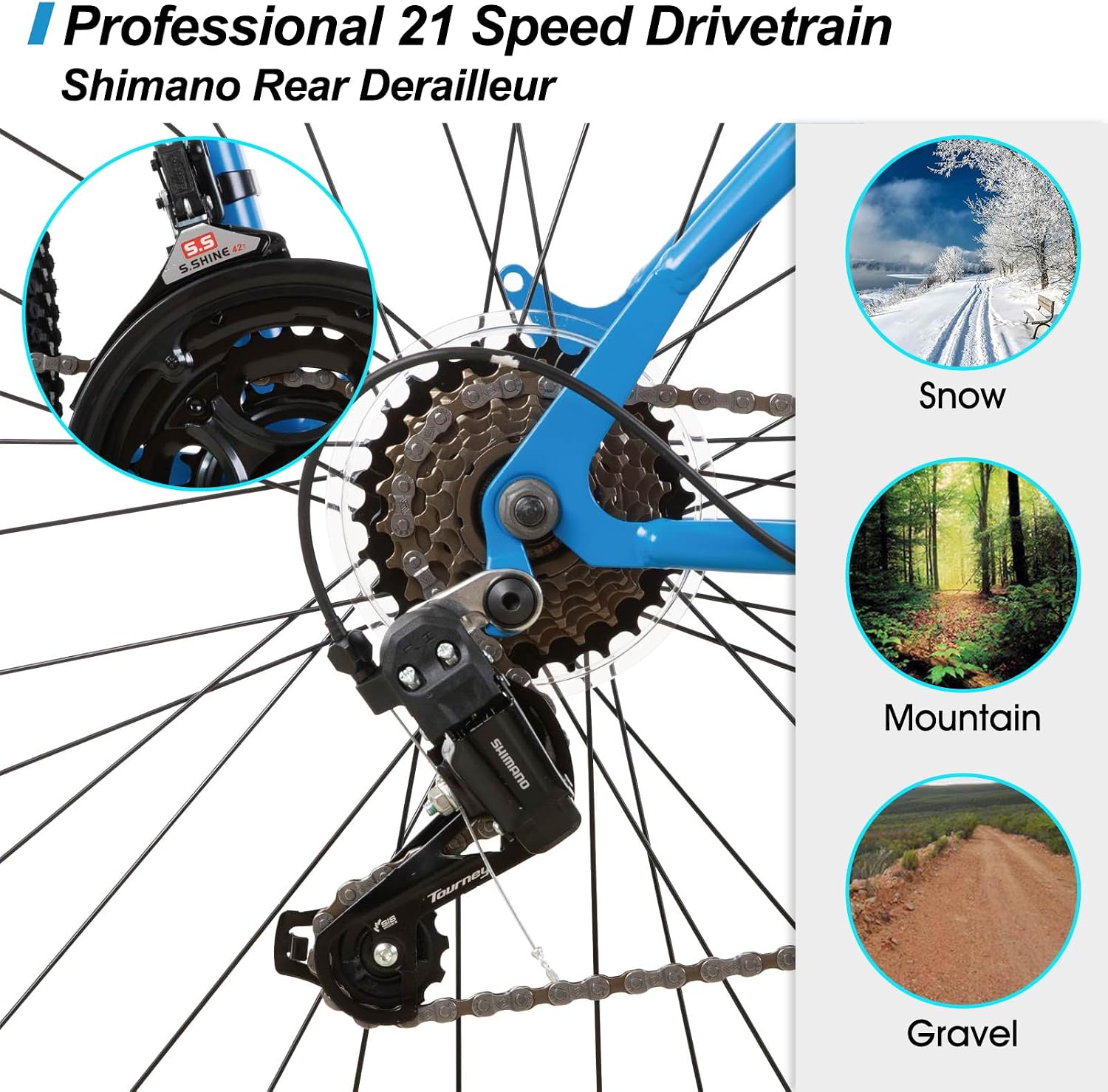 HILAND 26 27.5 29 Inch Mountain Bike, Mens Womens MTB with 21 Speeds, High-Tensile Steel Frame, V Brake, Hardtail Bicycle for Adults