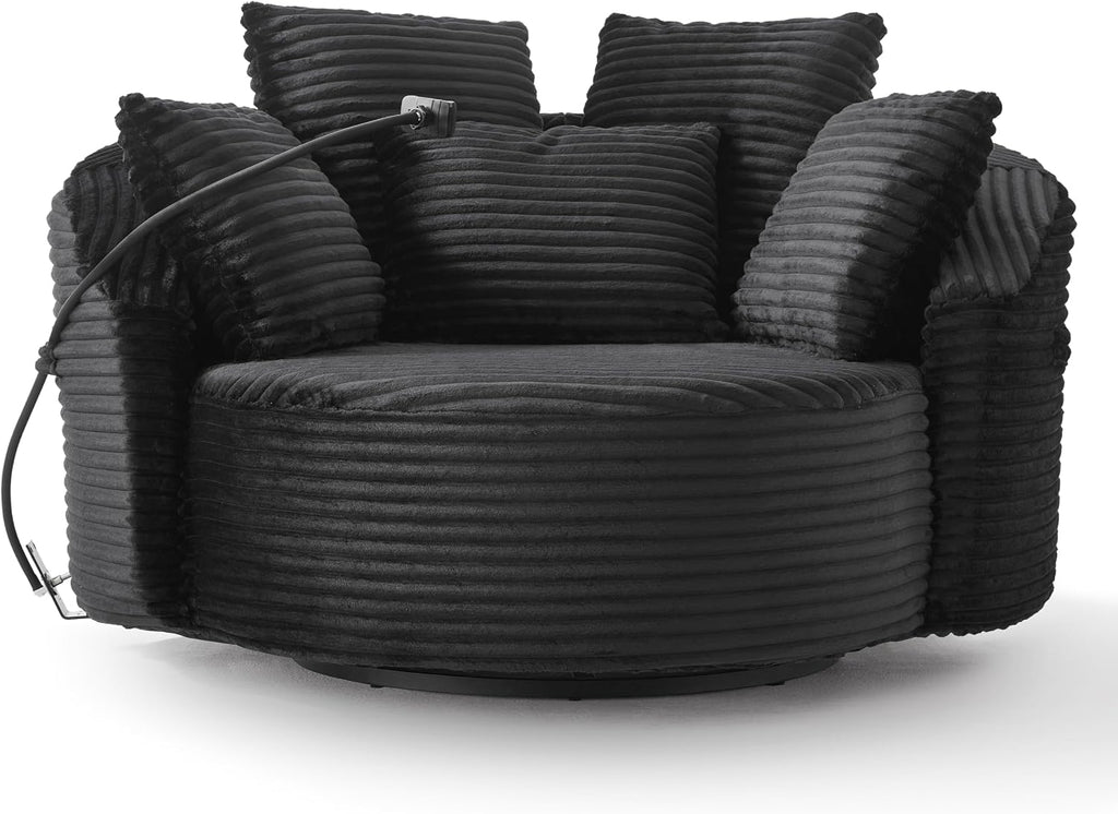 JIVOIT 360° Swivel Accent Chair with 5 Throw Pillows, Adjustable Phone Holder, Corduroy Fabric Round Sofa Chair Barrel Chair with Semi-Wraparound Design for Living Room, Office and Hotel (Black,1)