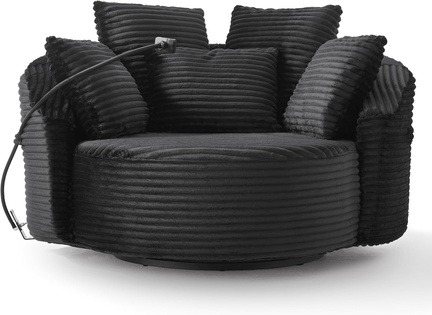 JIVOIT 360° Swivel Accent Chair with 5 Throw Pillows, Adjustable Phone Holder, Corduroy Fabric Round Sofa Chair Barrel Chair with Semi-Wraparound Design for Living Room, Office and Hotel (Black,1)